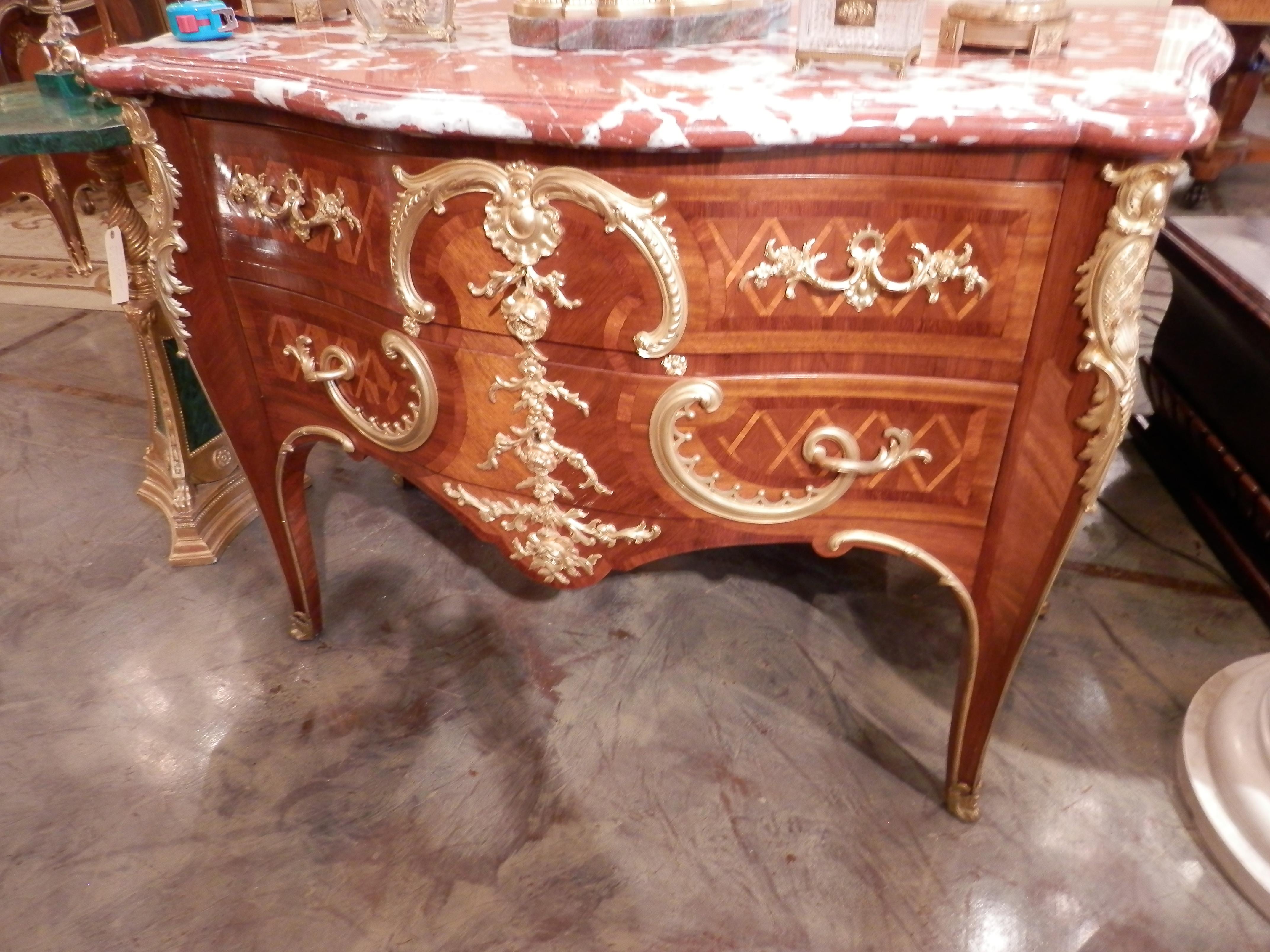 Fantastic quality French 19th century Louis XV parquetry and gilt bronze marble top commode stamped Durand.