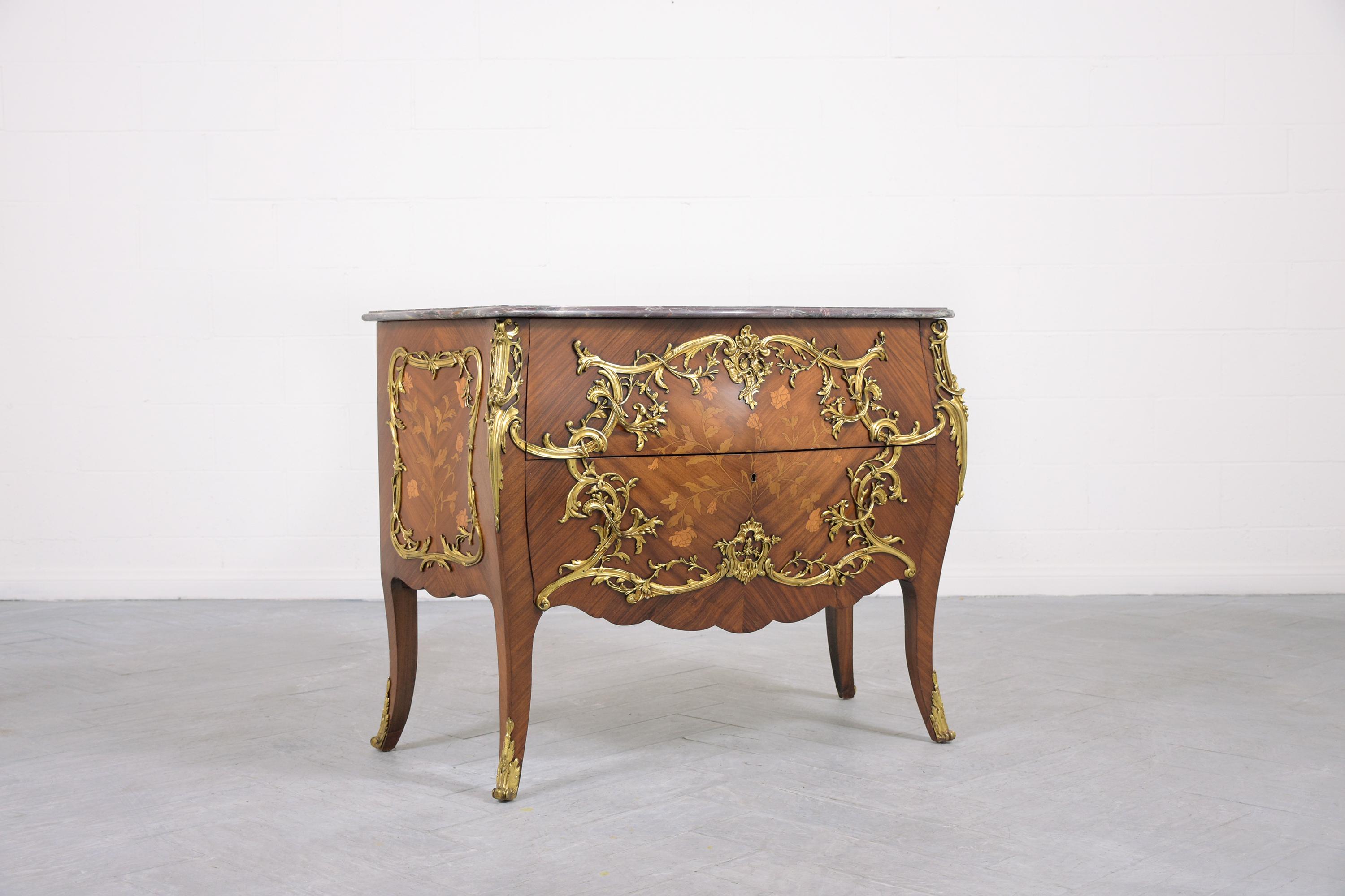 This extraordinary French 19th-century Louis XV commode is in great condition, is beautifully crafted out of wood bronze & marble combination, and is fully restored by our expert professional craftsmen team. This antique serpentine style commode