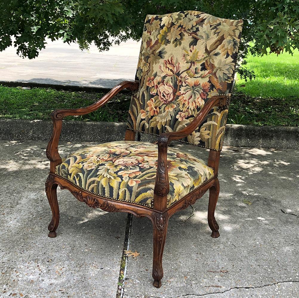 Hand-Carved 19th Century French Louis XV Fruitwood Armchair, Fauteuil with Needlepoint Tape For Sale
