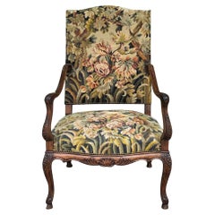 Antique 19th Century French Louis XV Fruitwood Armchair, Fauteuil with Needlepoint Tape