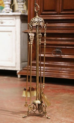 19th Century French Louis XV Gilt Brass Fireplace Tool Set on Stand