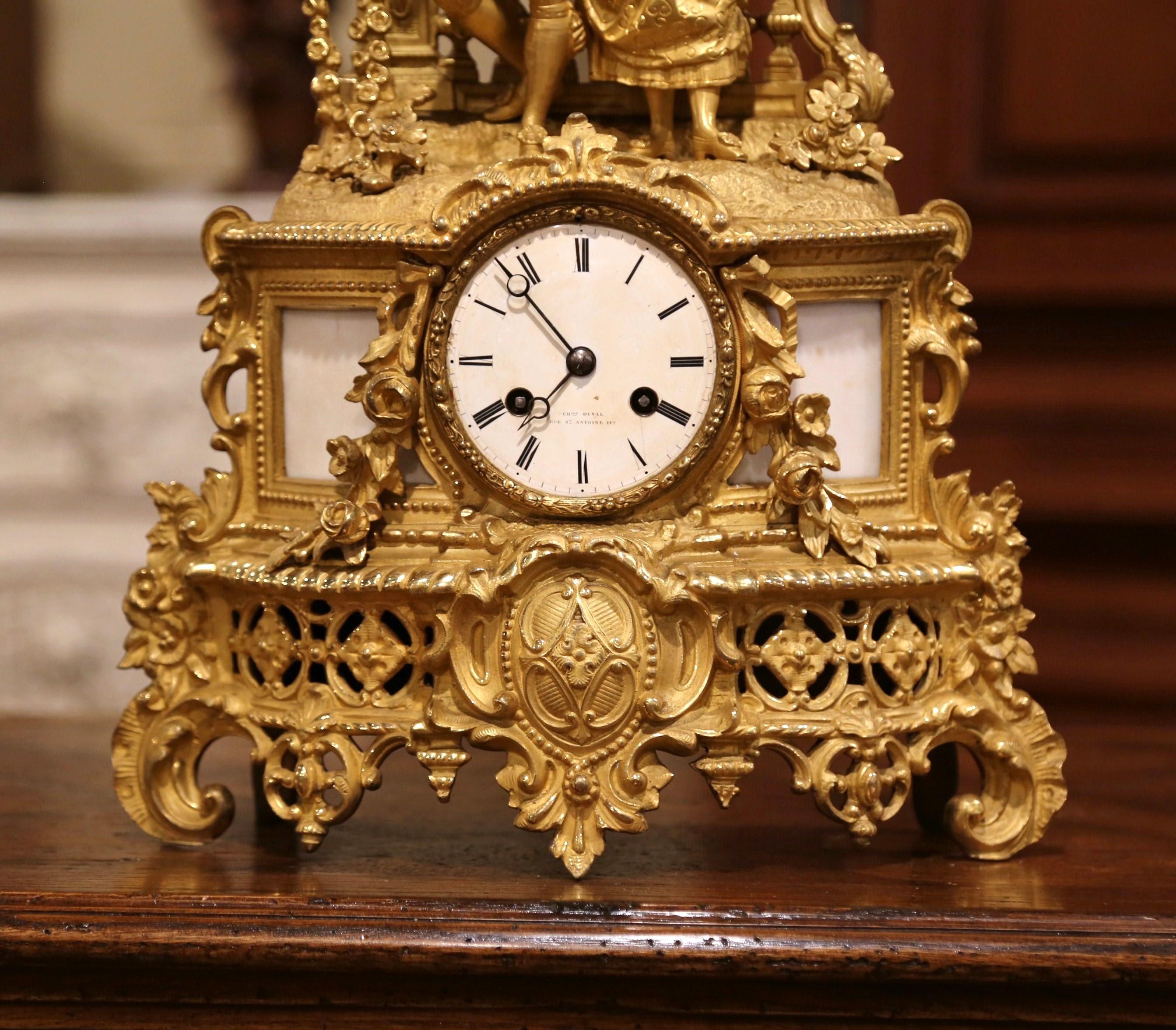 19th Century French Louis XV Gilt Bronze and White Marble Mantel Clock In Excellent Condition In Dallas, TX