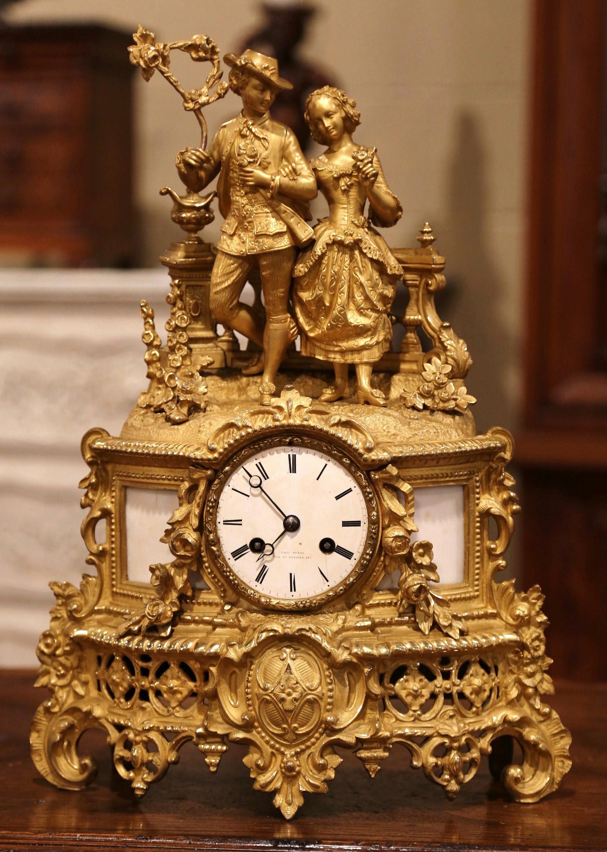 19th Century French Louis XV Gilt Bronze and White Marble Mantel Clock 1