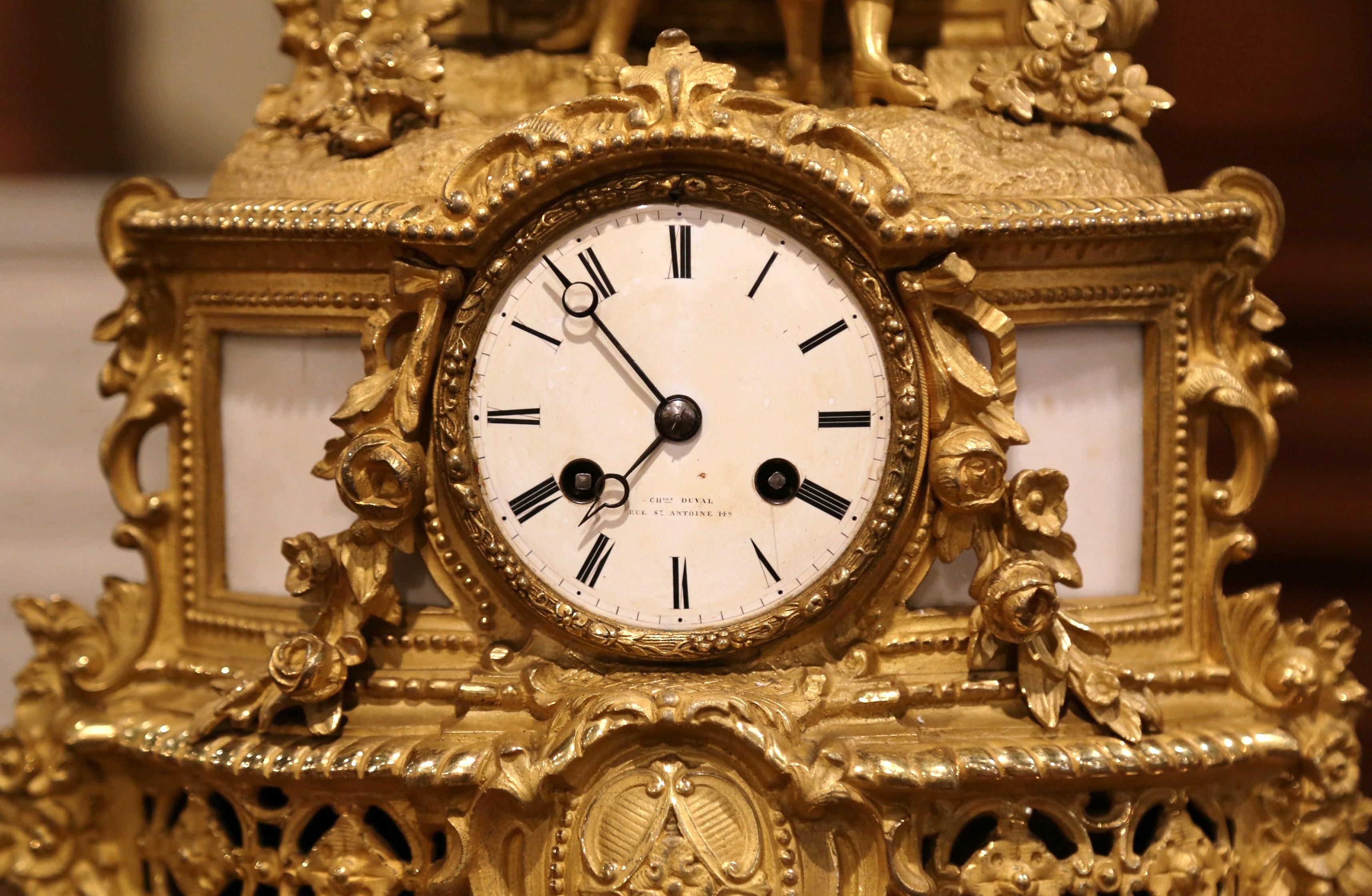 19th Century French Louis XV Gilt Bronze and White Marble Mantel Clock 2