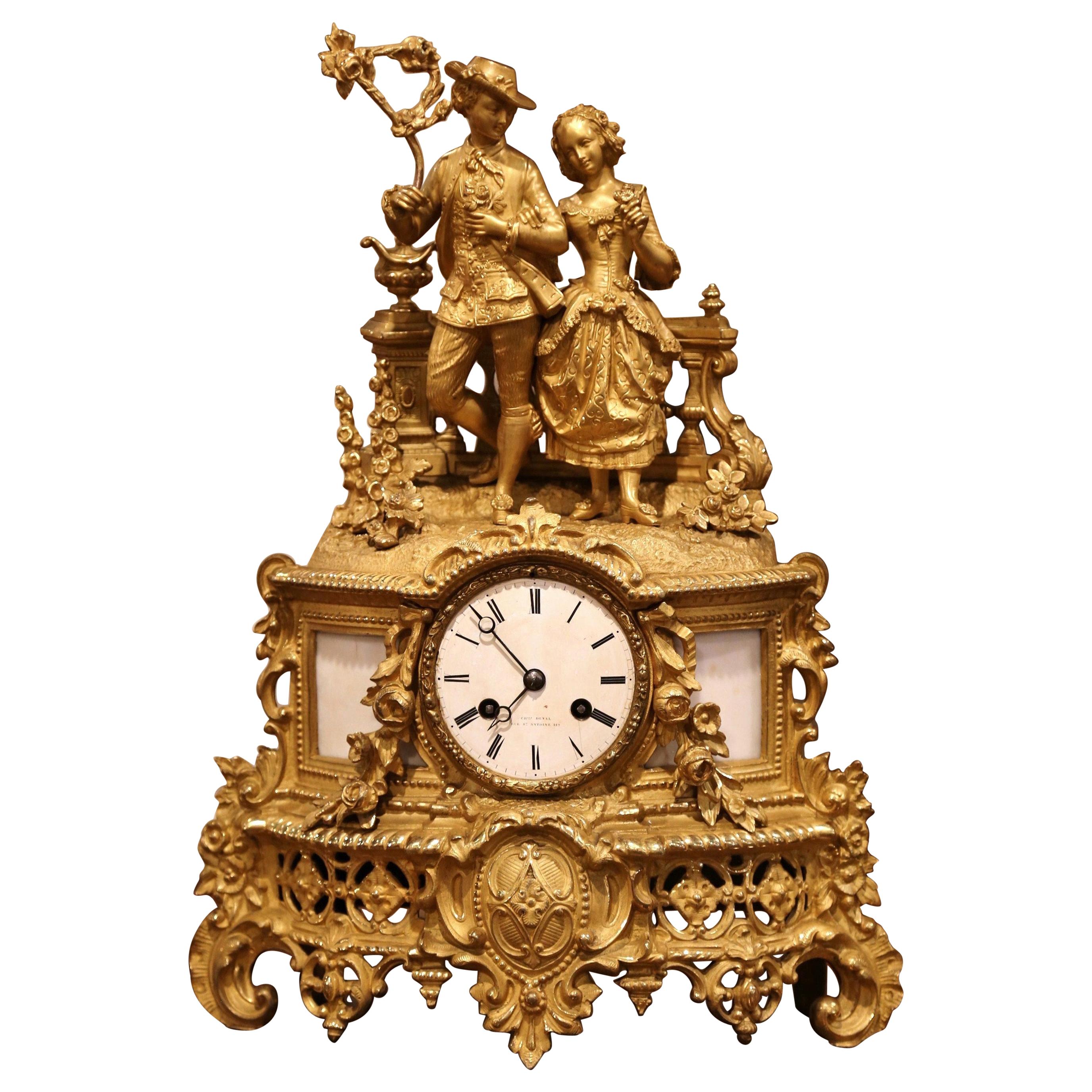 19th Century French Louis XV Gilt Bronze and White Marble Mantel Clock