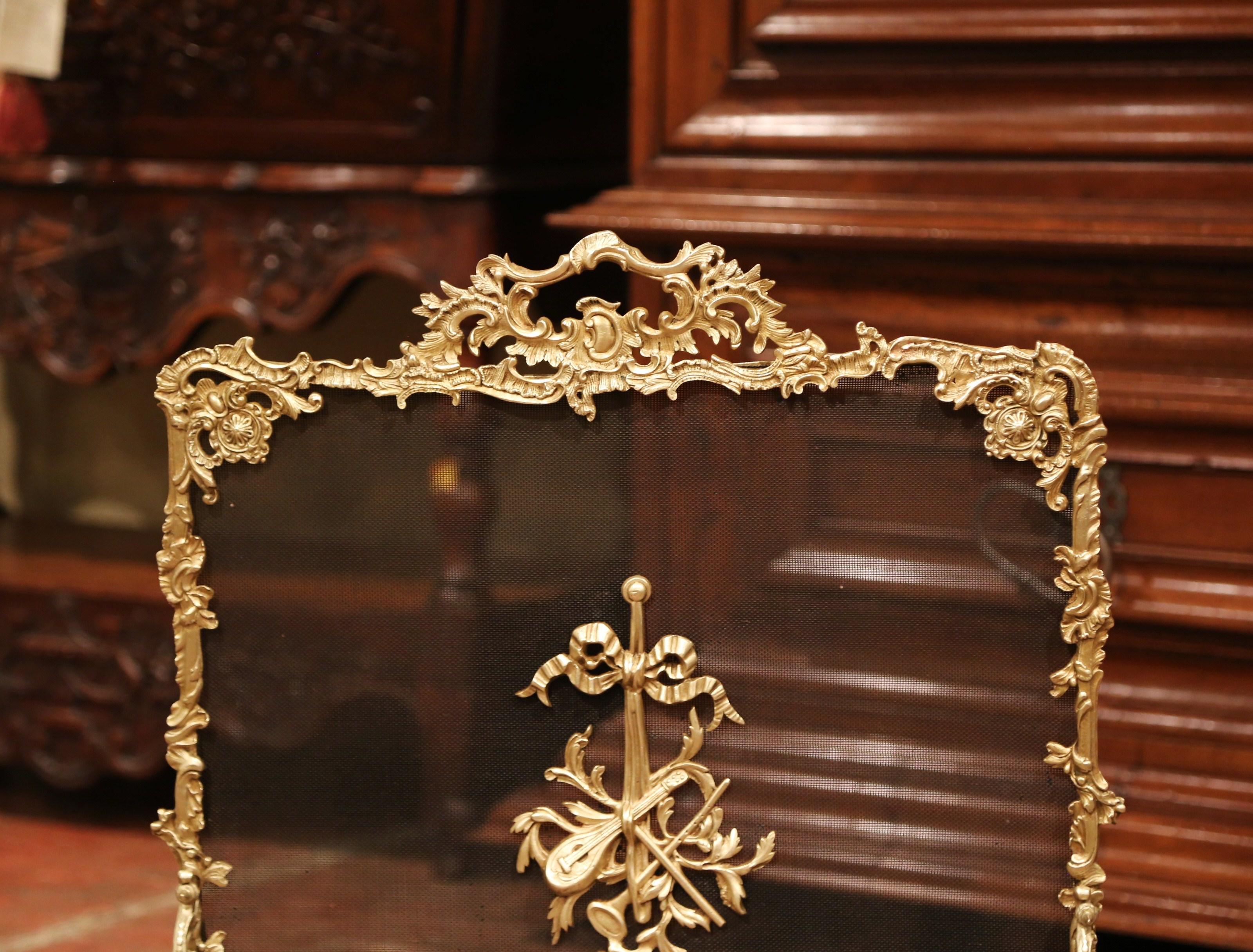 Patinated 19th Century French Louis XV Gilt Bronze Fire Screen with Musical Mounts