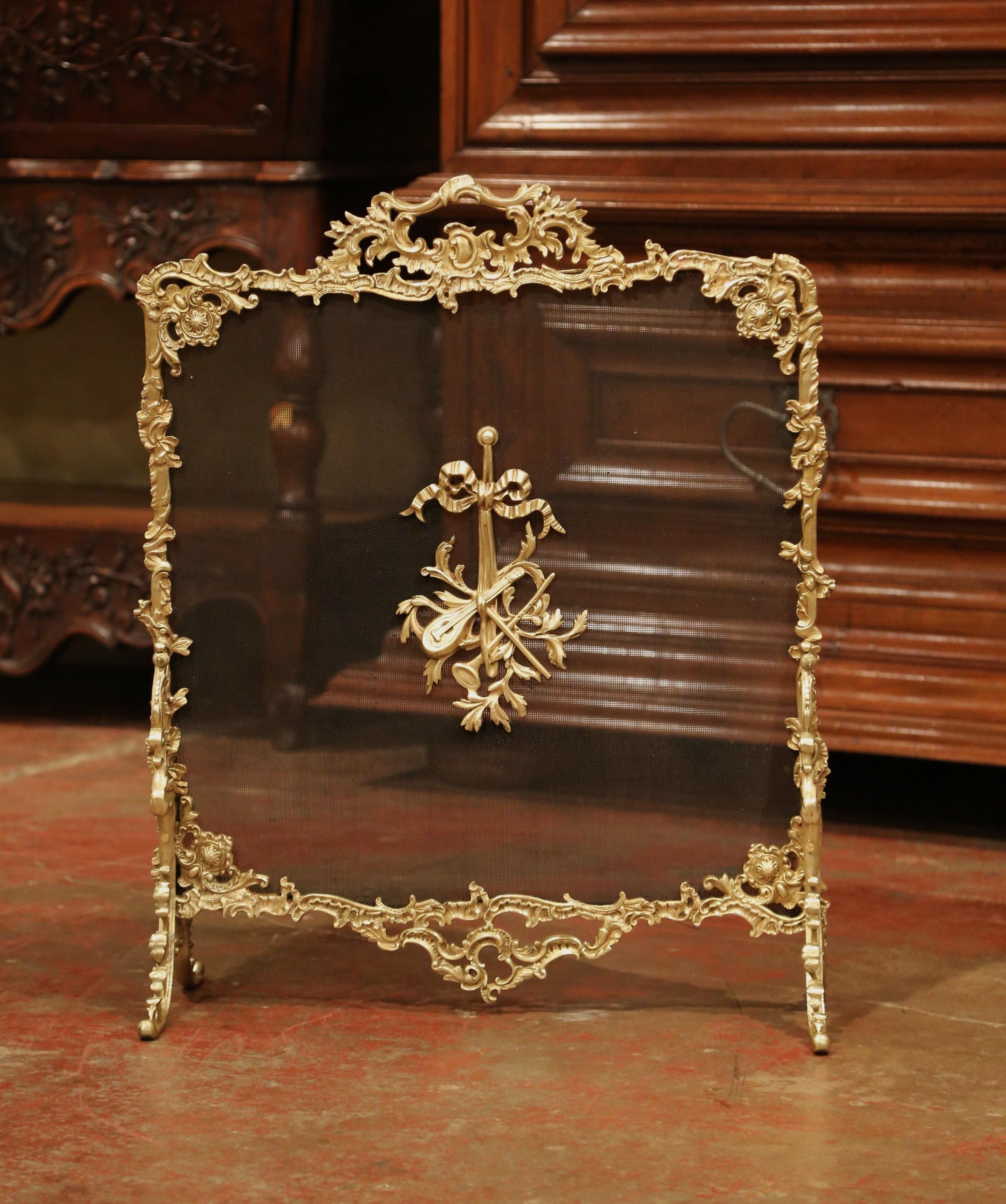 19th Century French Louis XV Gilt Bronze Fire Screen with Musical Mounts 1