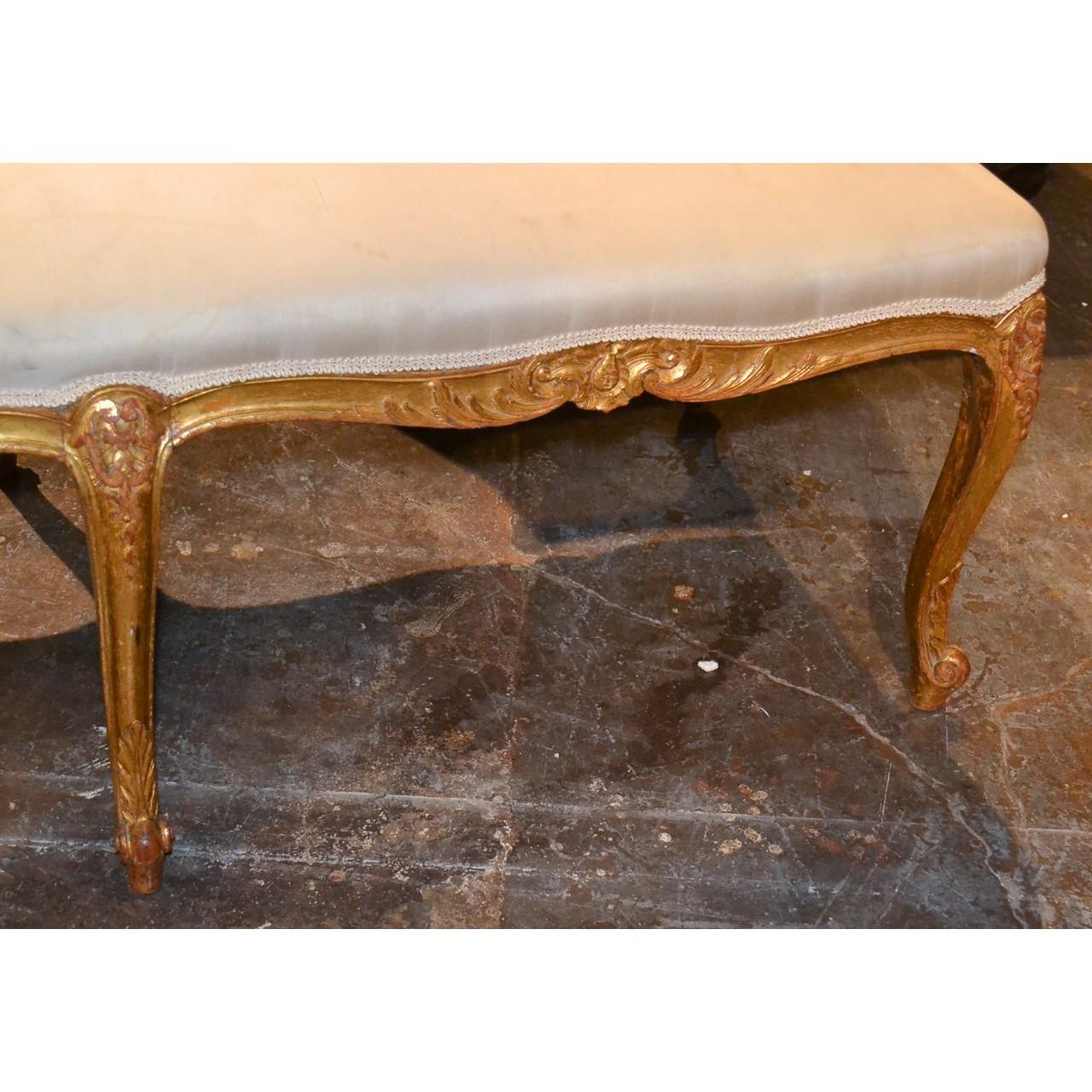 Upholstery 19th Century French Louis XV Giltwood Bench