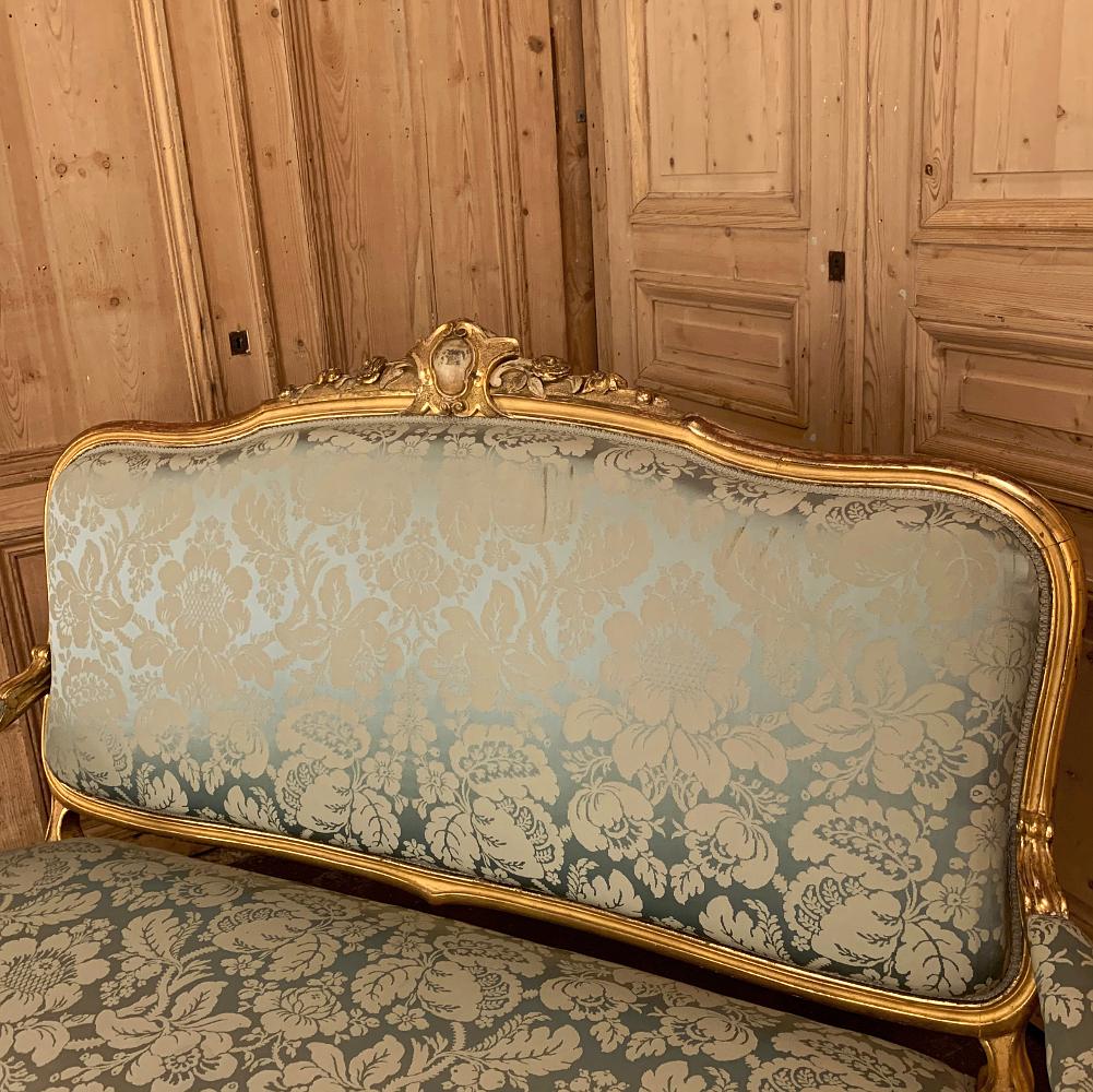 Silk 19th Century French Louis XV Giltwood Canape or Sofa