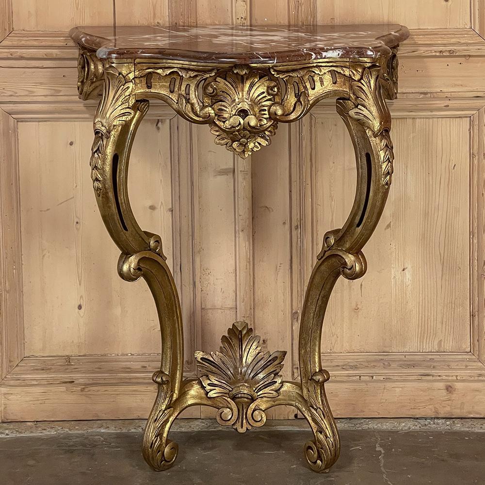 Hand-Carved 19th Century French Louis XV Giltwood Marble Top Console For Sale
