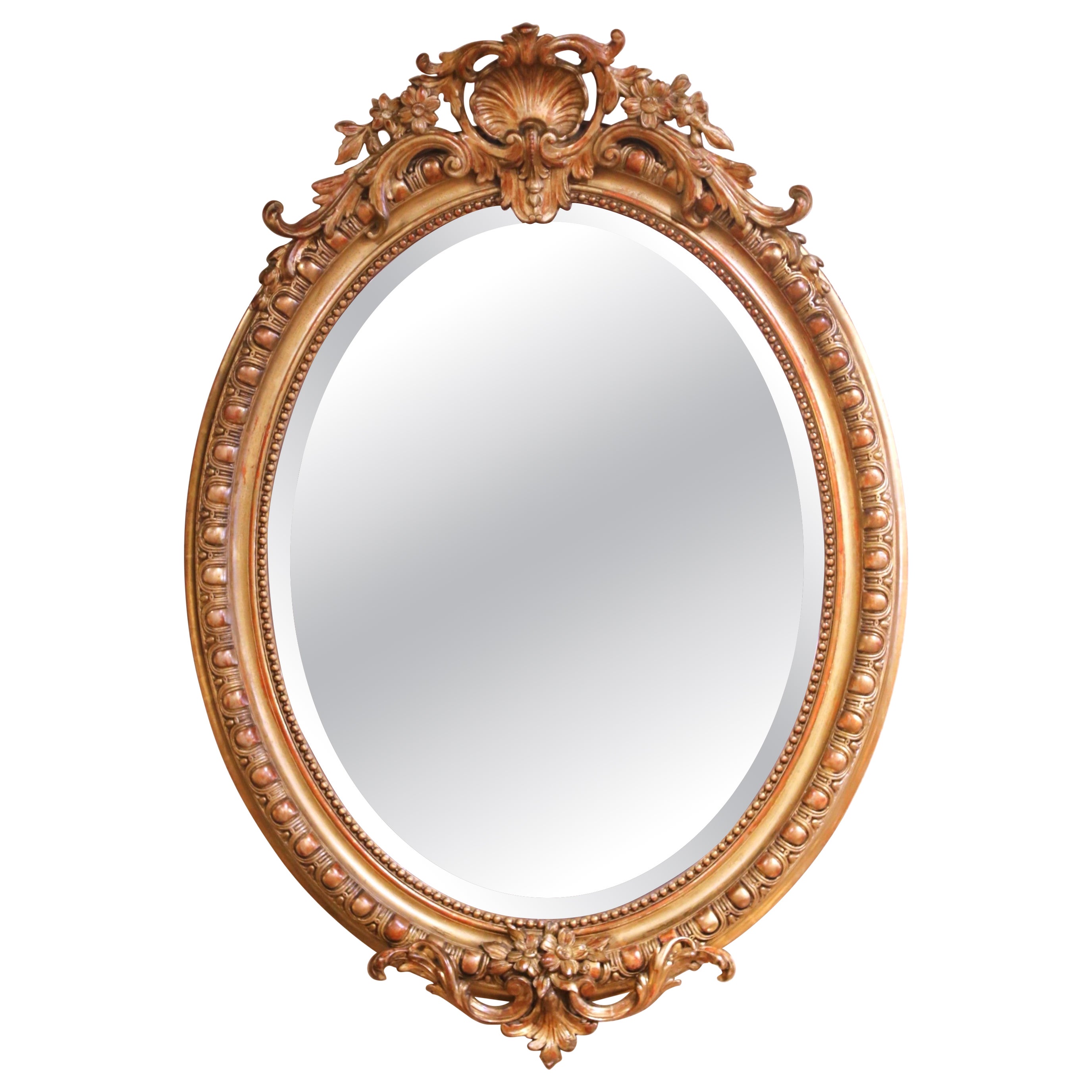 19th Century French Louis XV Giltwood Oval Wall Mirror with Beveled Glass