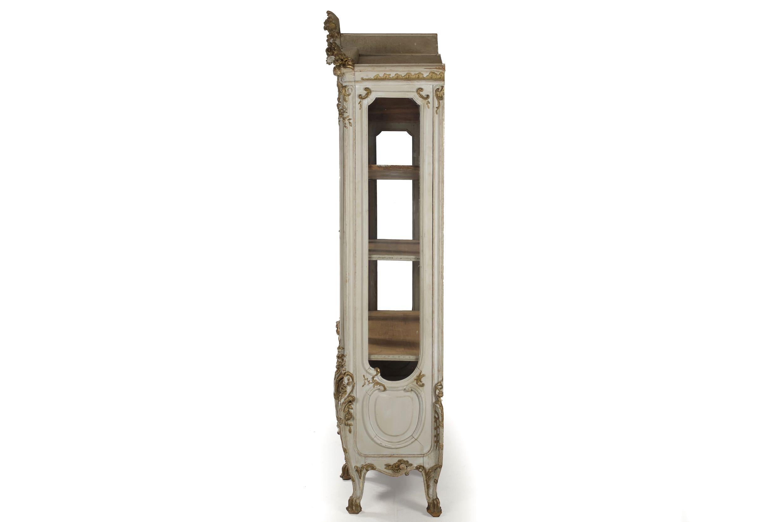 Fabric 19th Century French Louis XV Gray Painted Display Bookcase Cabinet