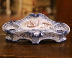 19th C. French Faience Blue and White Hand Painted Inkwell with Harbor Scene