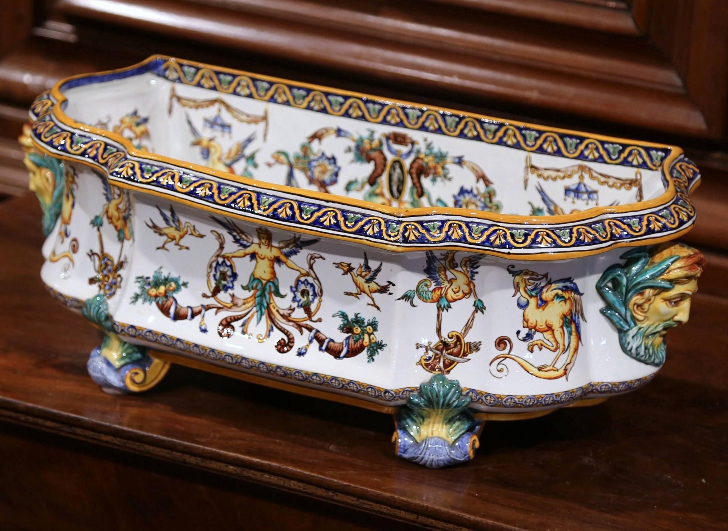 19th Century French Louis XV Hand Painted Faience Jardinière Signed Gien In Excellent Condition In Dallas, TX