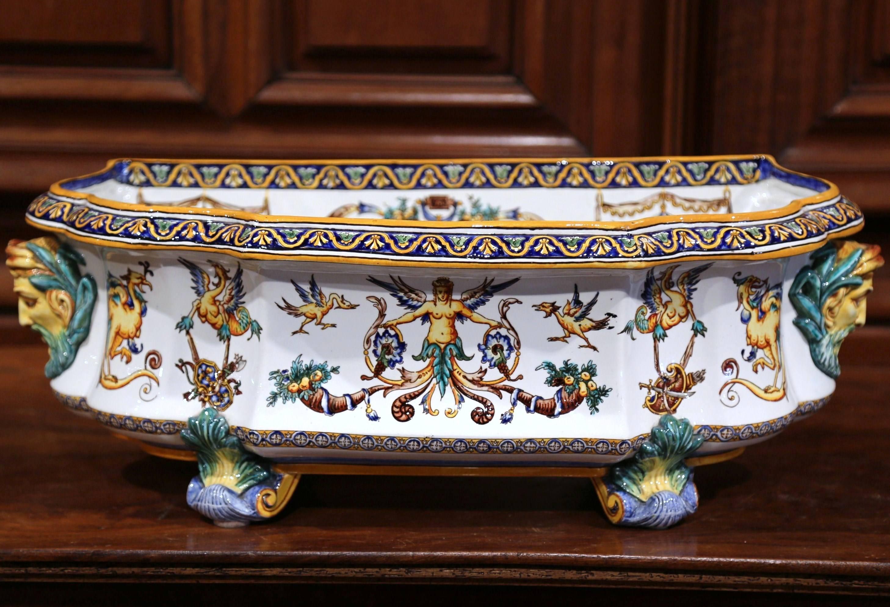 19th Century French Louis XV Hand Painted Faience Jardinière Signed Gien 1
