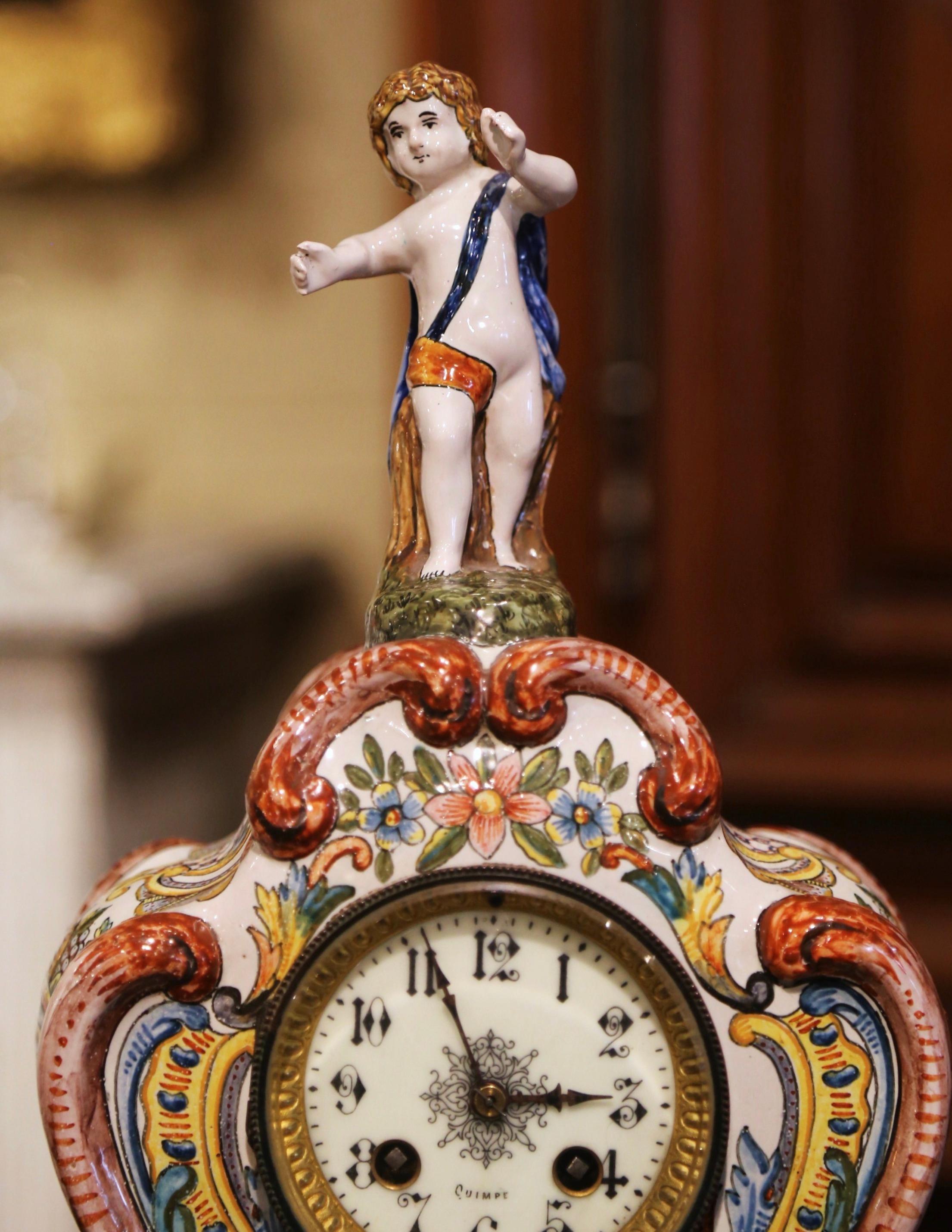 19th Century French Louis XV Hand Painted Faience Mantel Clock Signed HB Quimper In Excellent Condition For Sale In Dallas, TX