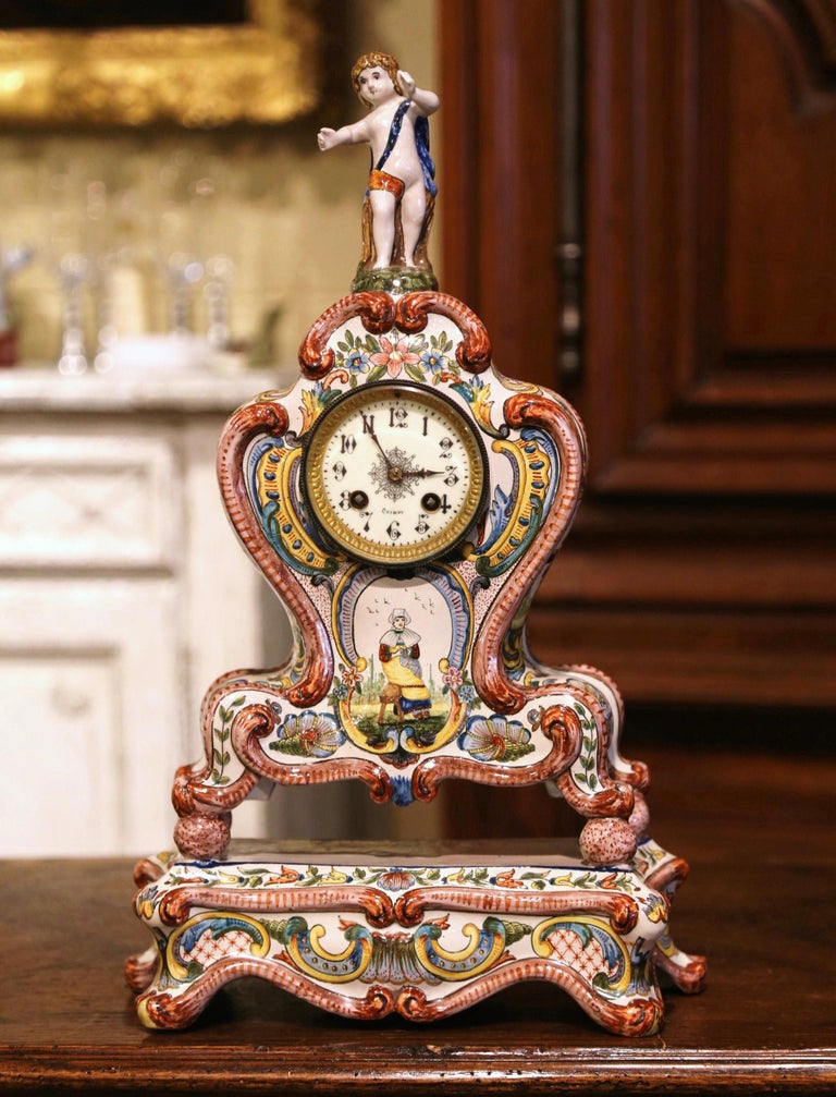 Ceramic 19th Century French Louis XV Hand Painted Faience Mantel Clock Signed HB Quimper For Sale