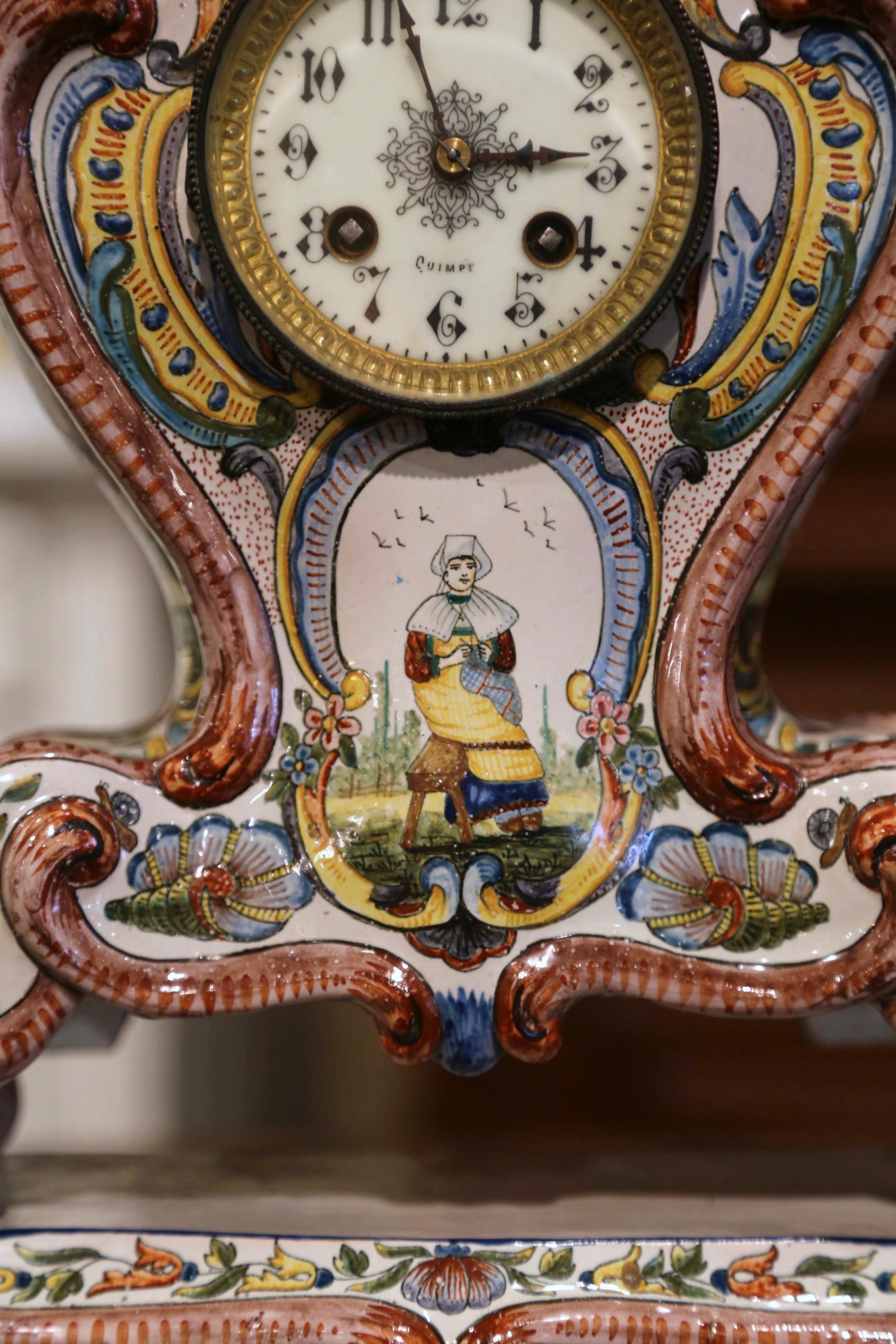 19th Century French Louis XV Hand Painted Faience Mantel Clock Signed HB Quimper For Sale 1