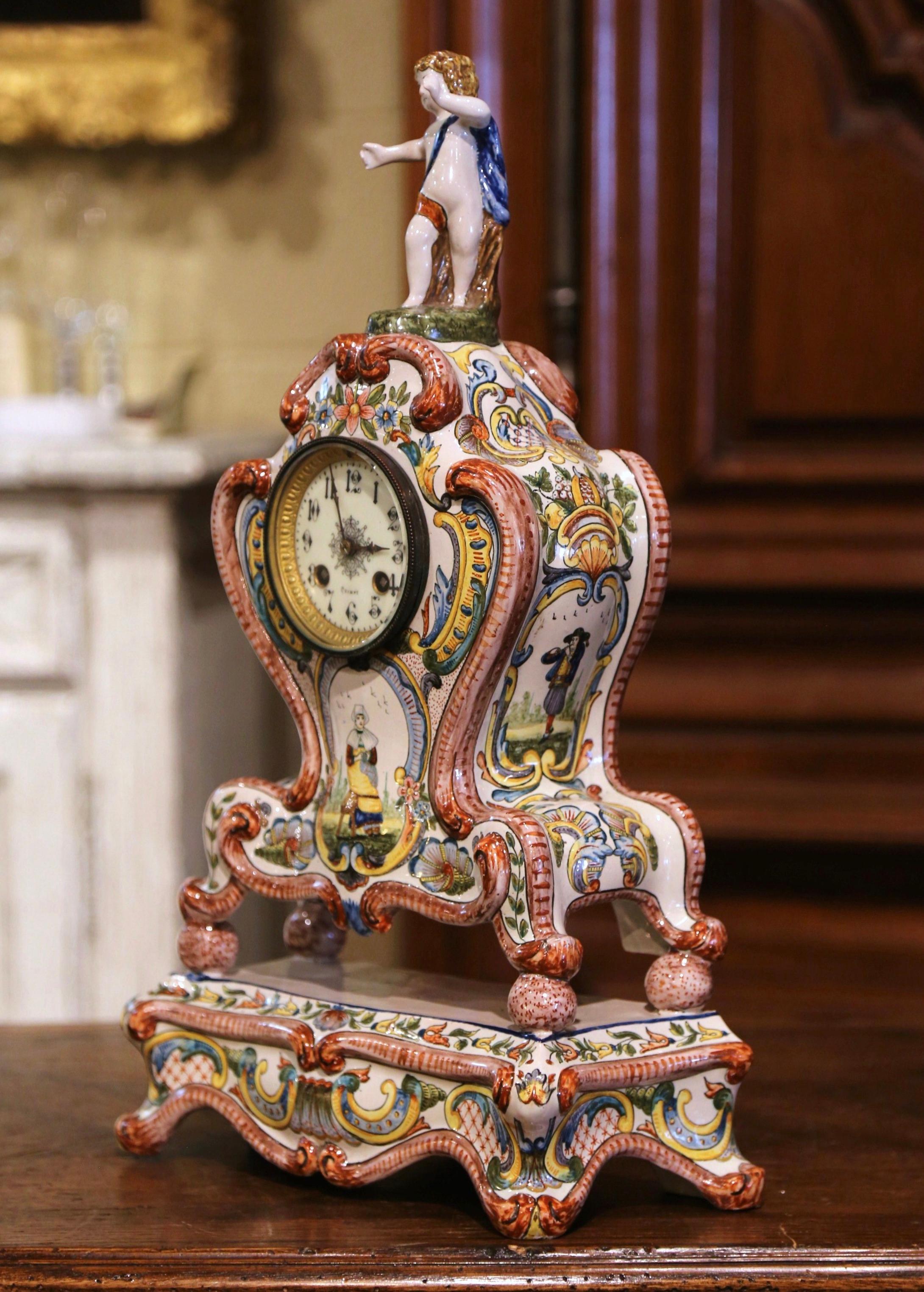 19th Century French Louis XV Hand Painted Faience Mantel Clock Signed HB Quimper For Sale 2
