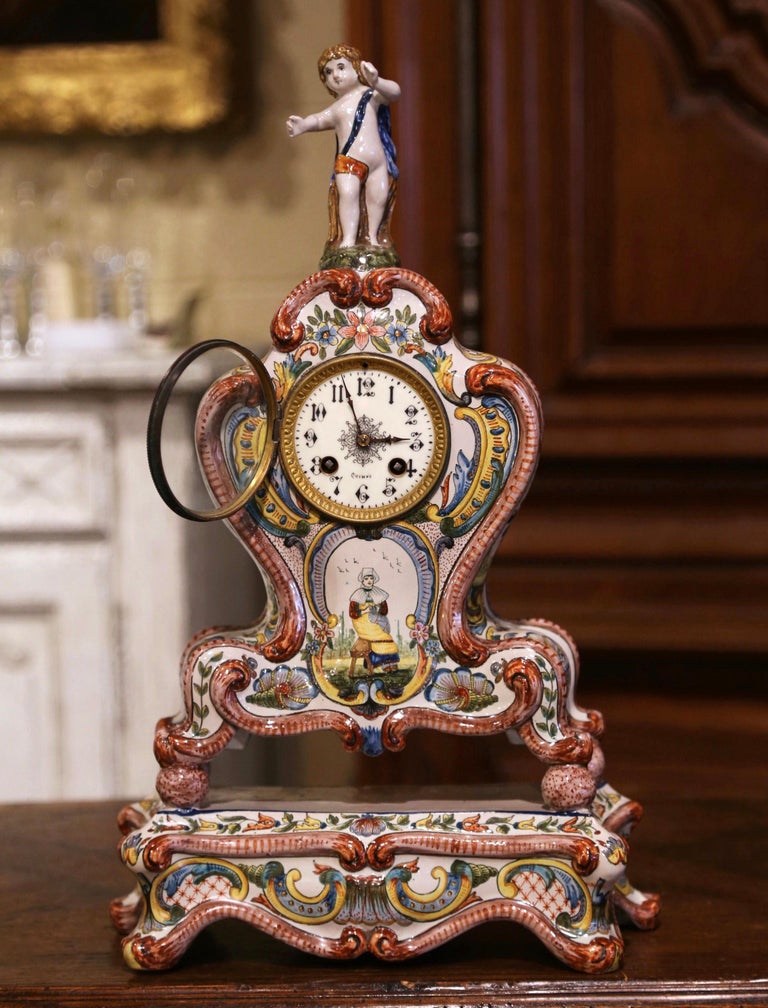 19th Century French Louis XV Hand Painted Faience Mantel Clock Signed HB Quimper For Sale 3