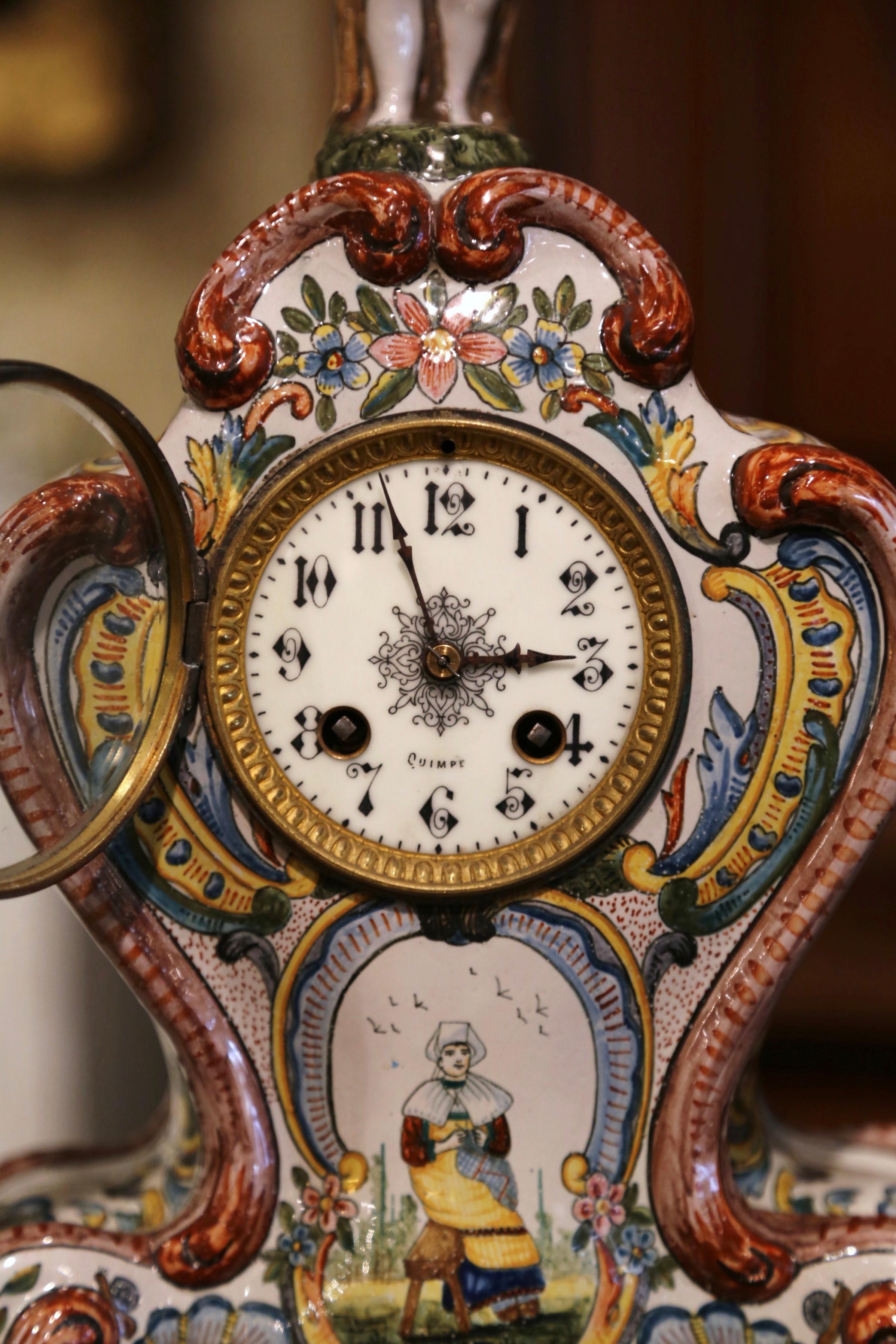 19th Century French Louis XV Hand Painted Faience Mantel Clock Signed HB Quimper For Sale 4