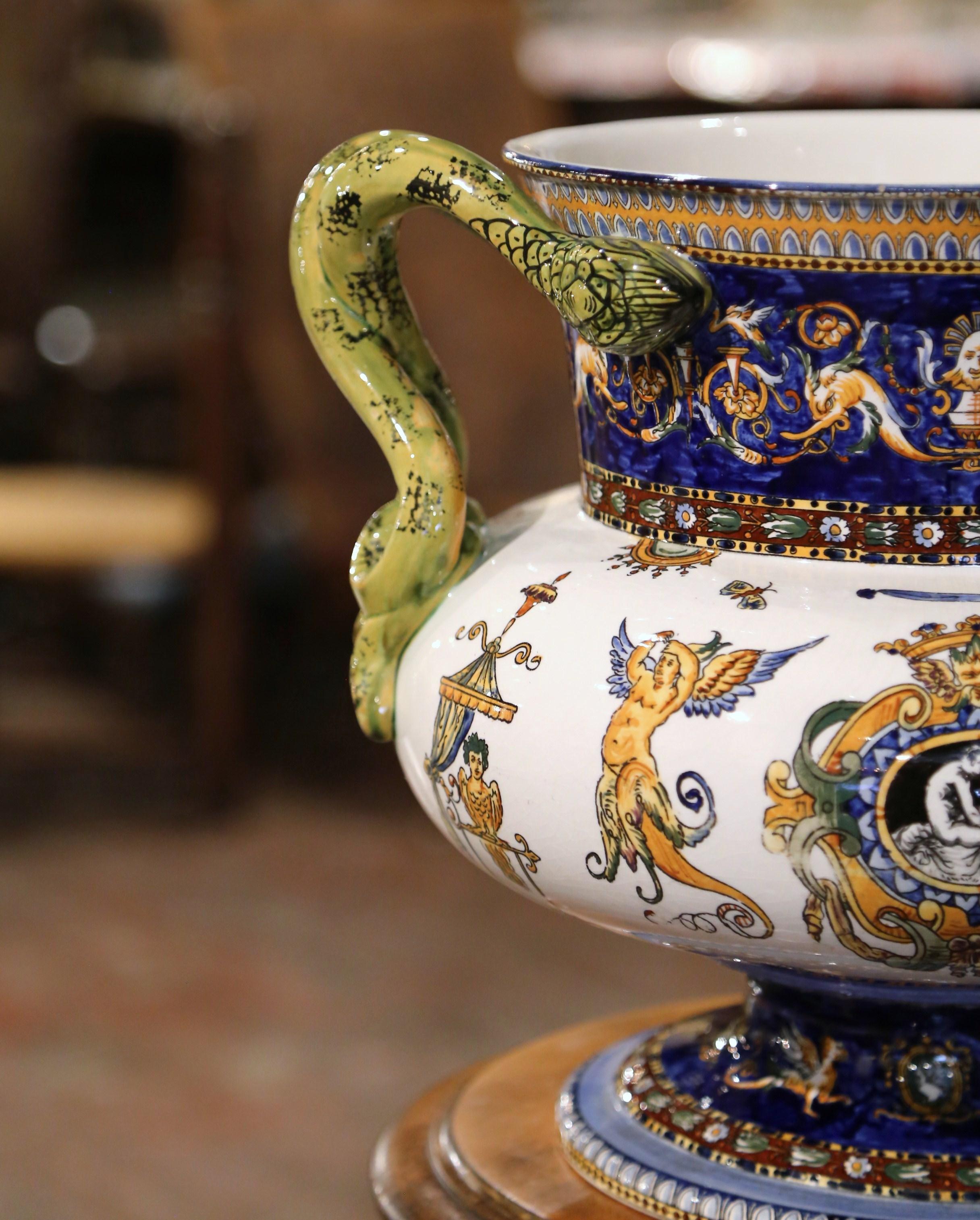Hand-Crafted 19th Century French Louis XV Hand Painted Porcelain Cache Pot from Gien For Sale