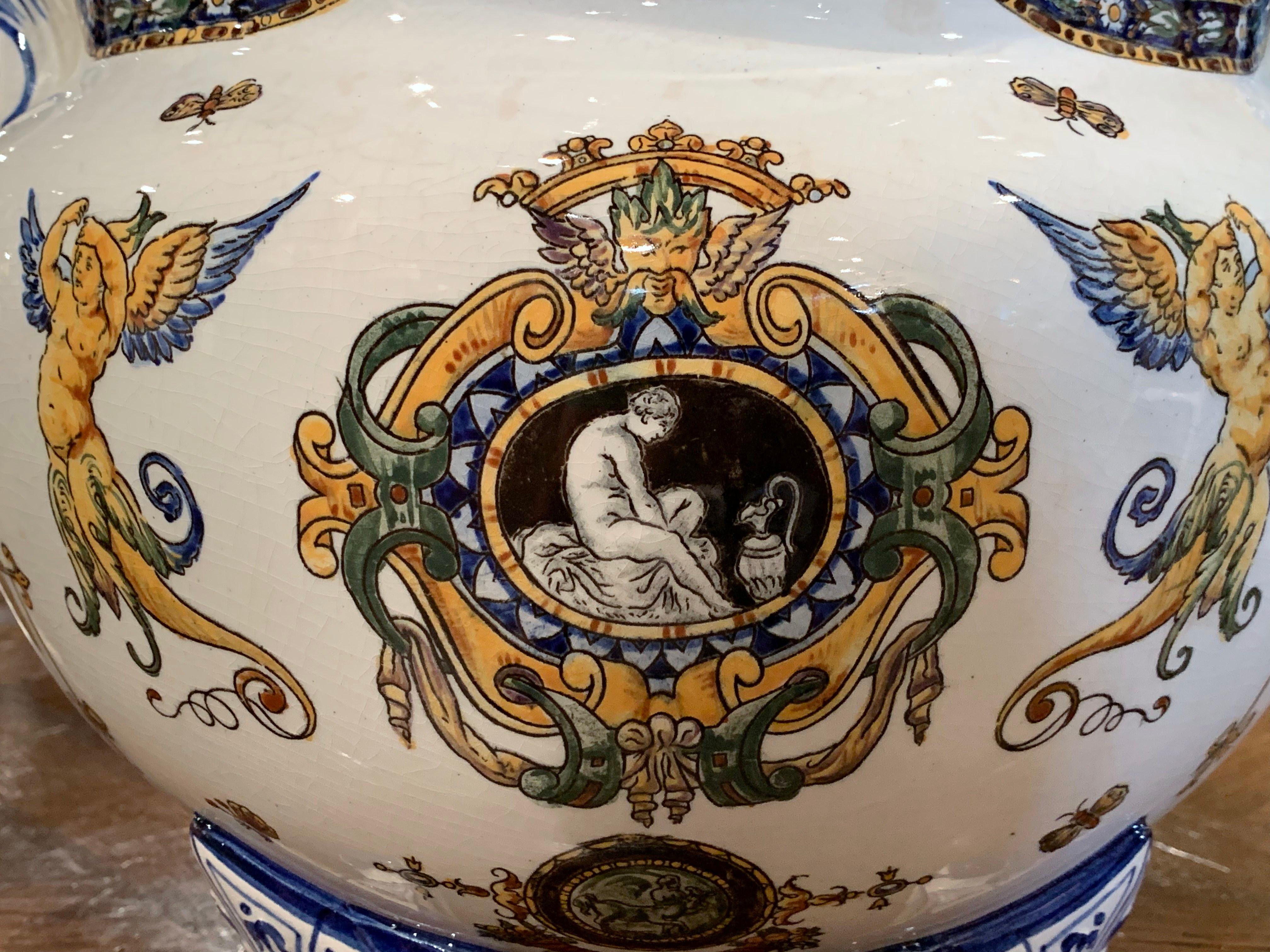 19th Century French Louis XV Hand Painted Porcelain Cache Pot Signed Gien 2