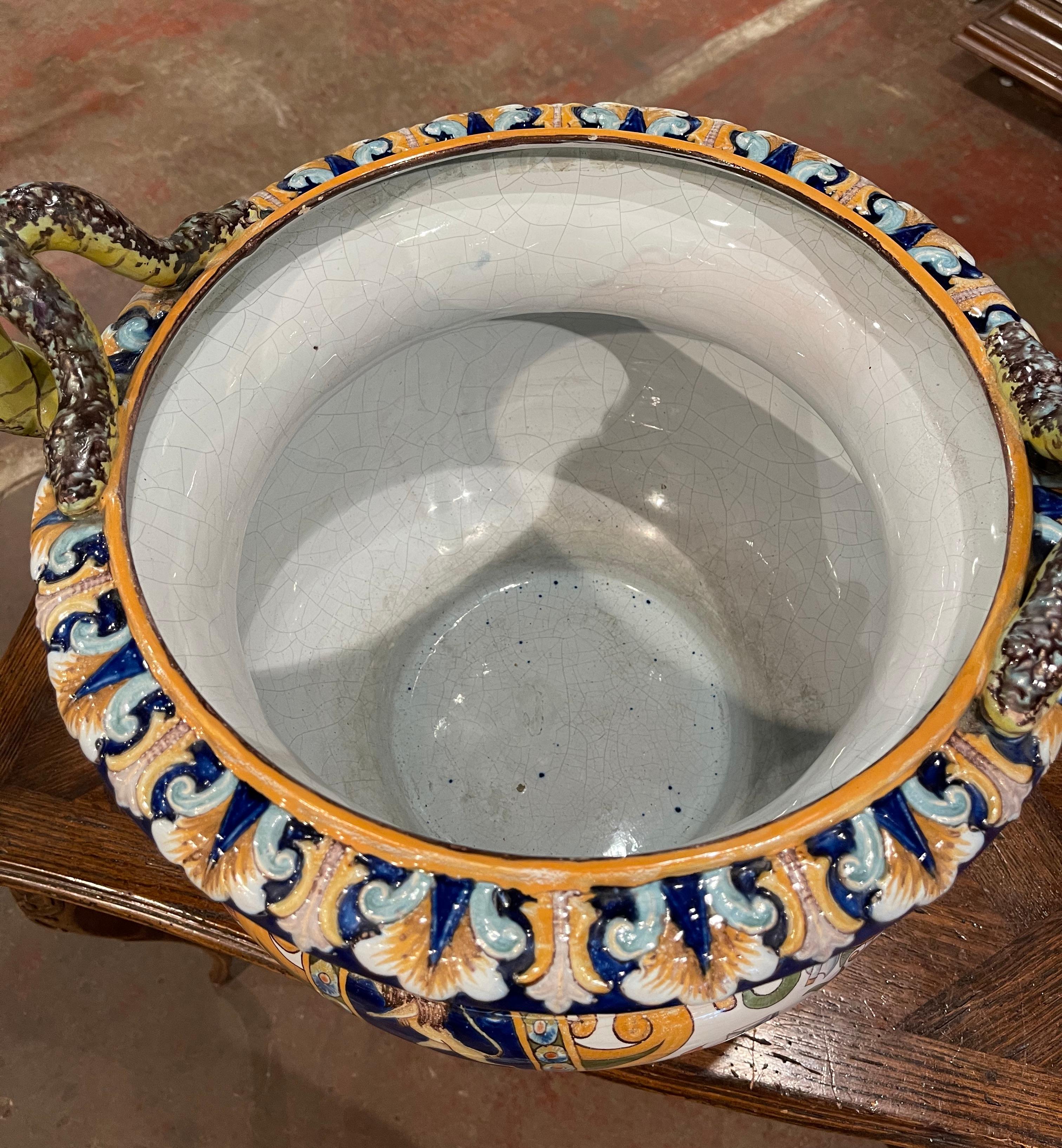 19th Century French Louis XV Hand Painted Porcelain Cache Pot with Crest Motifs 3