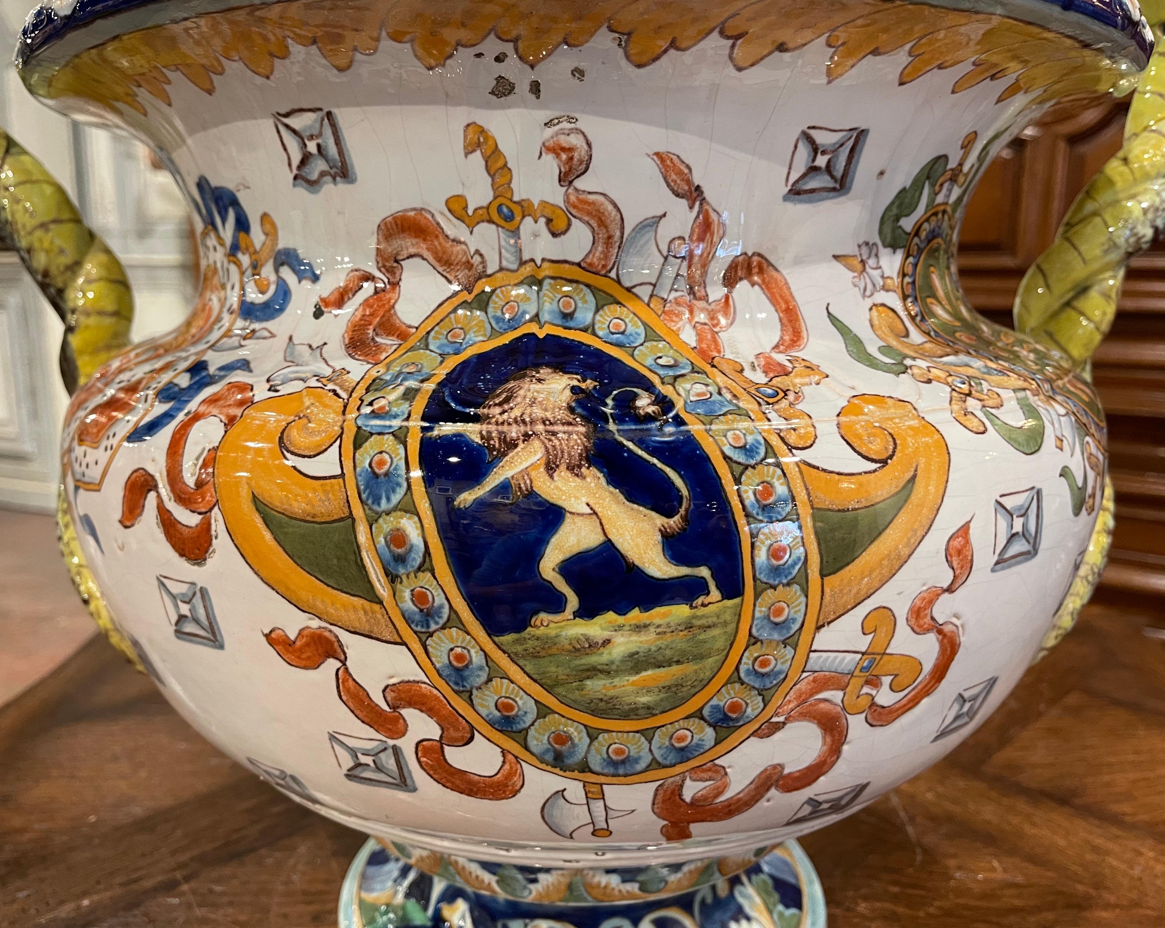 19th Century French Louis XV Hand Painted Porcelain Cache Pot with Crest Motifs 4