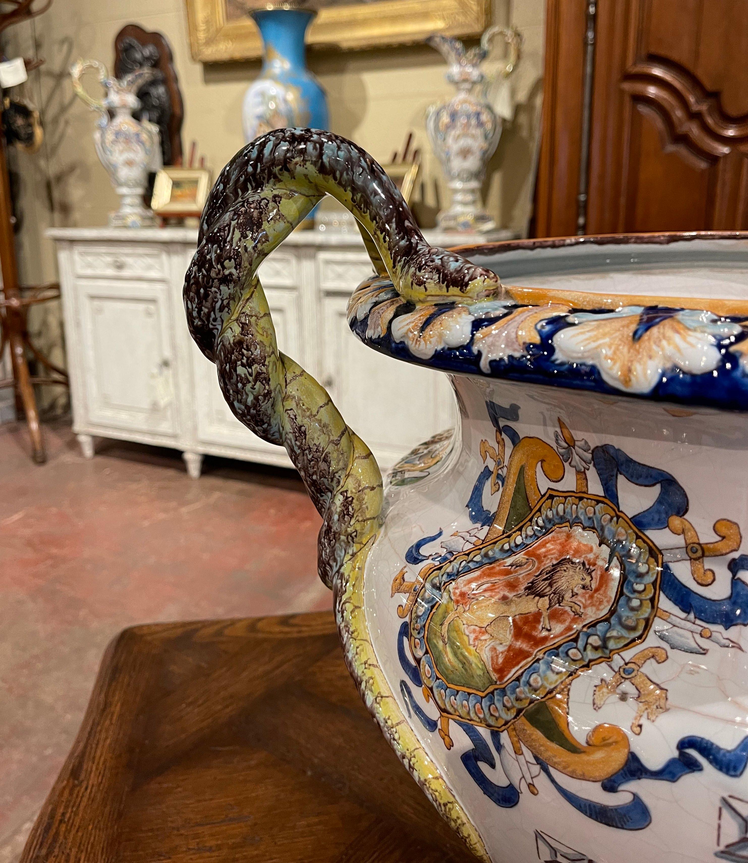 19th Century French Louis XV Hand Painted Porcelain Cache Pot with Crest Motifs 5