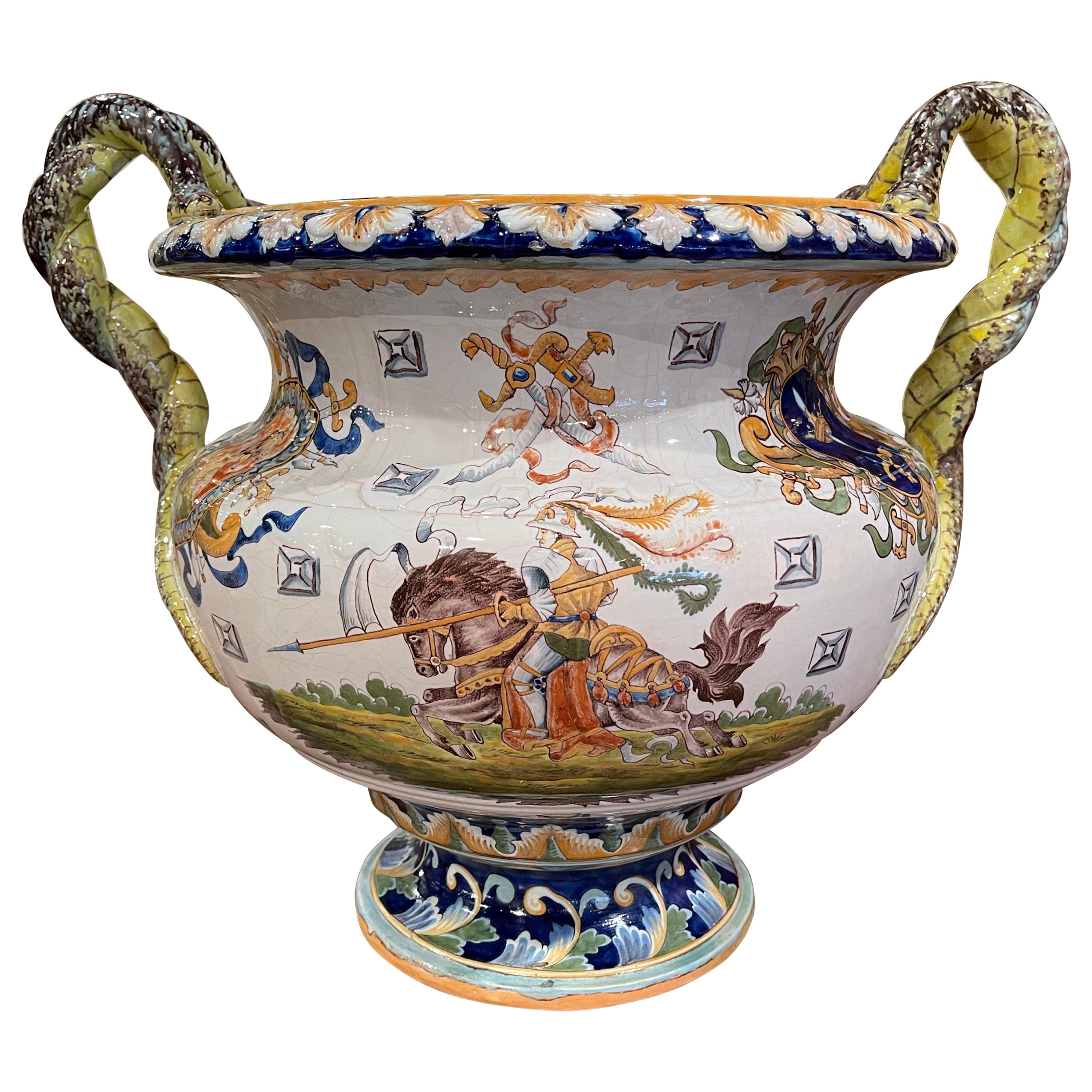 19th Century French Louis XV Hand Painted Porcelain Cache Pot with Crest Motifs