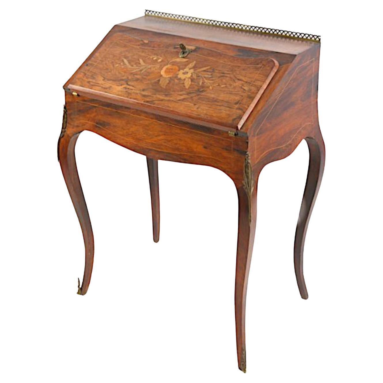 19th Century French Louis XV Inlaid Palisander Ladies Desk with Brass Ornaments For Sale