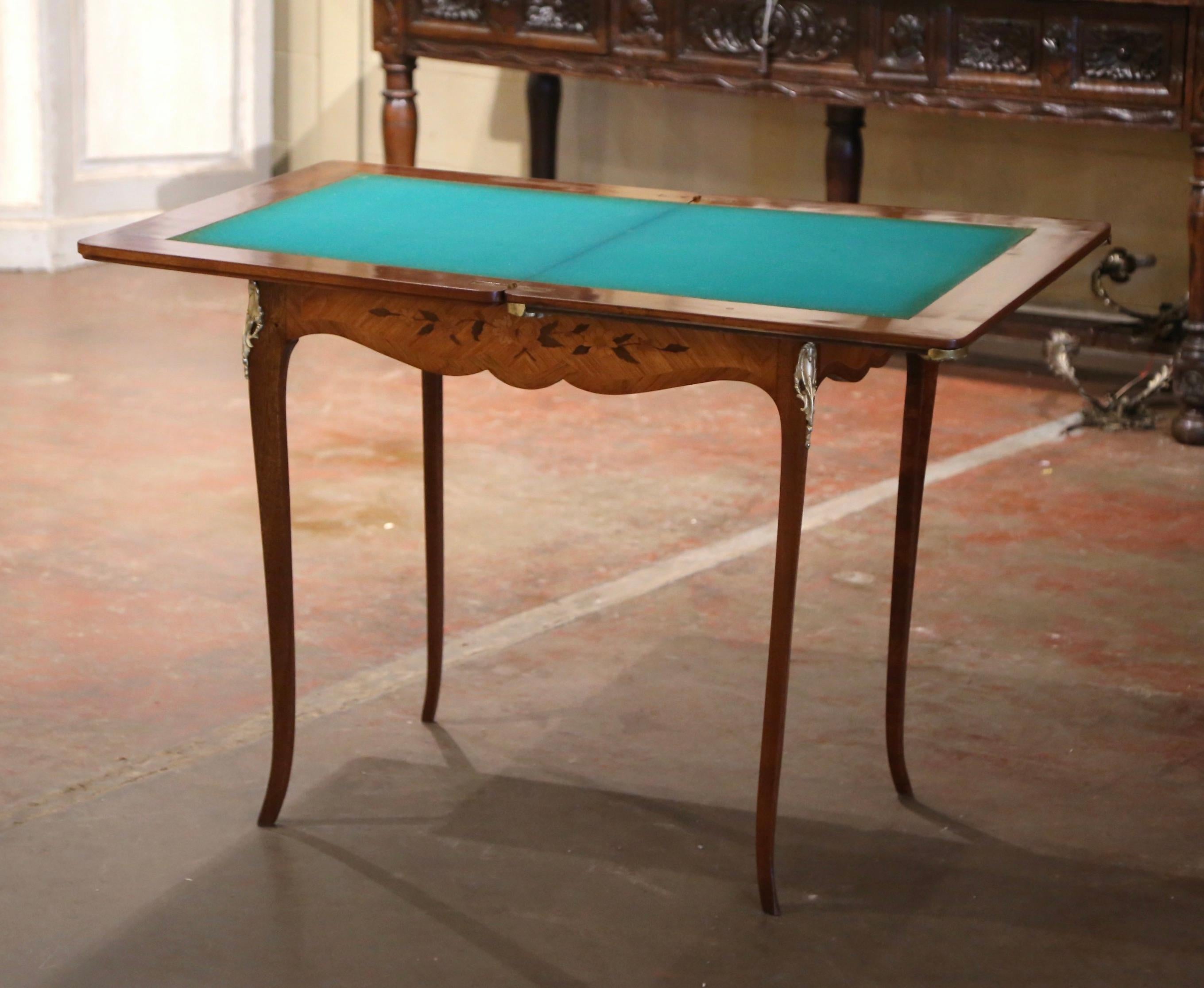 19th Century French Louis XV Inlaid Walnut & Bronze Folding Game Table with Felt For Sale 6