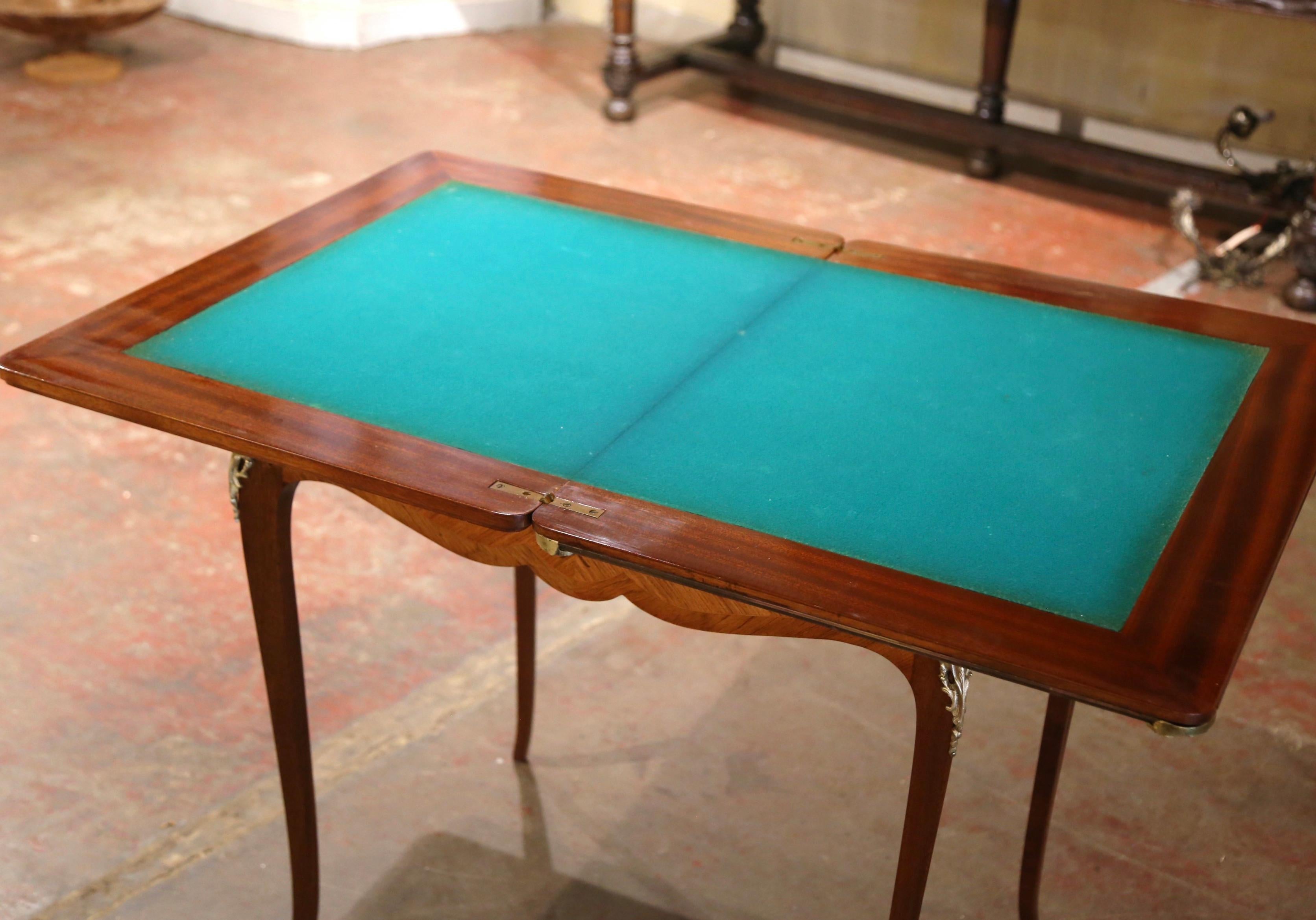 19th Century French Louis XV Inlaid Walnut & Bronze Folding Game Table with Felt For Sale 7
