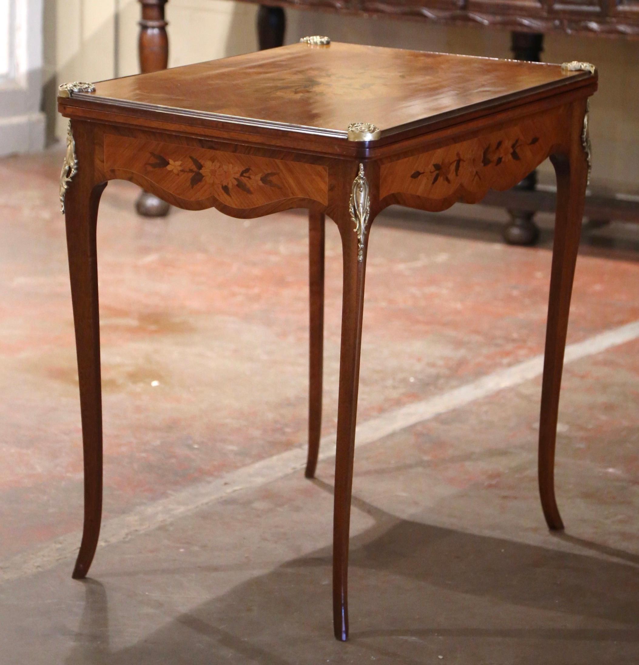 19th Century French Louis XV Inlaid Walnut & Bronze Folding Game Table with Felt For Sale 8