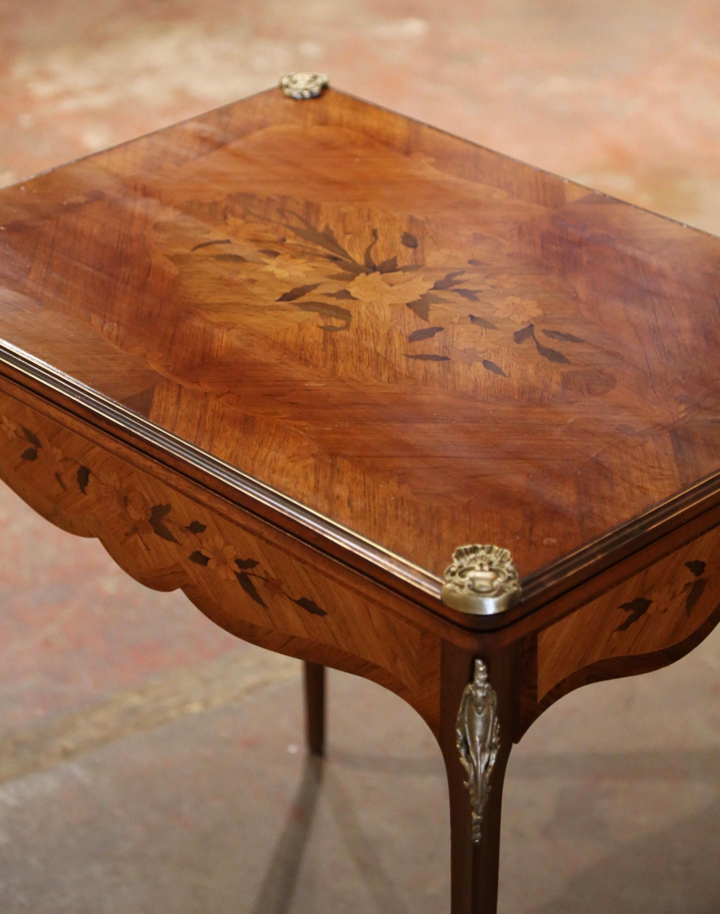 Inlay 19th Century French Louis XV Inlaid Walnut & Bronze Folding Game Table with Felt For Sale