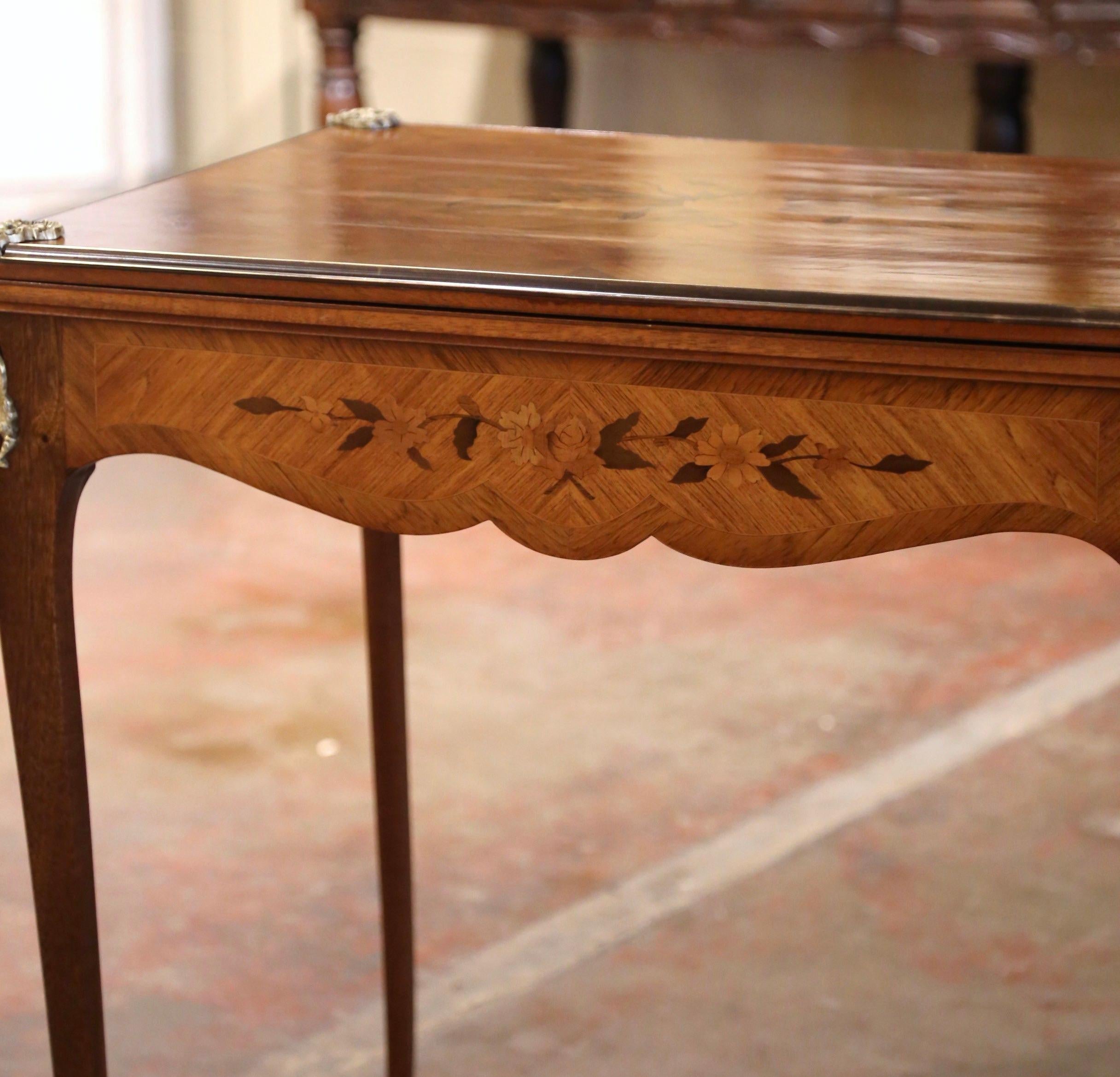 19th Century French Louis XV Inlaid Walnut & Bronze Folding Game Table with Felt For Sale 1
