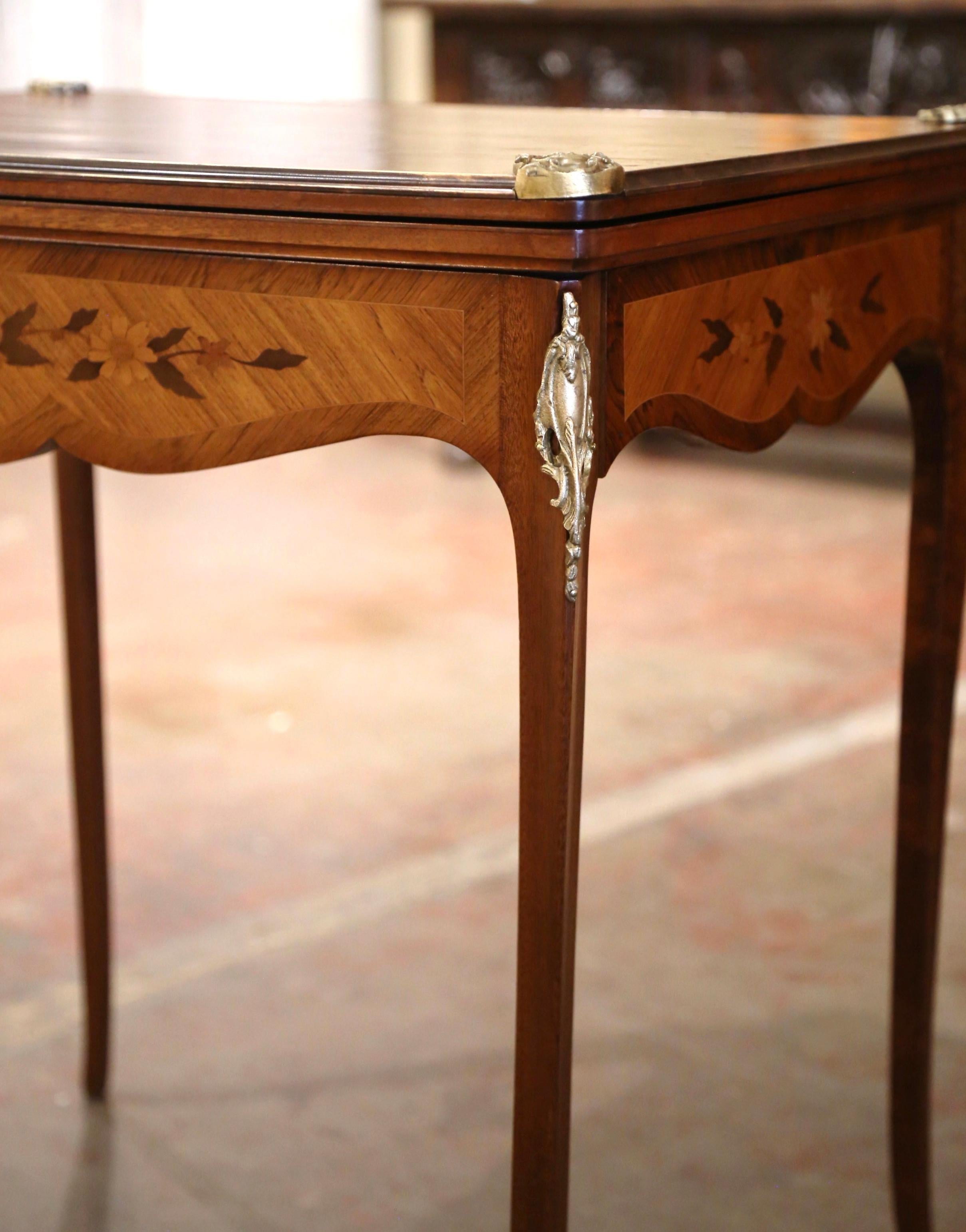 19th Century French Louis XV Inlaid Walnut & Bronze Folding Game Table with Felt For Sale 2