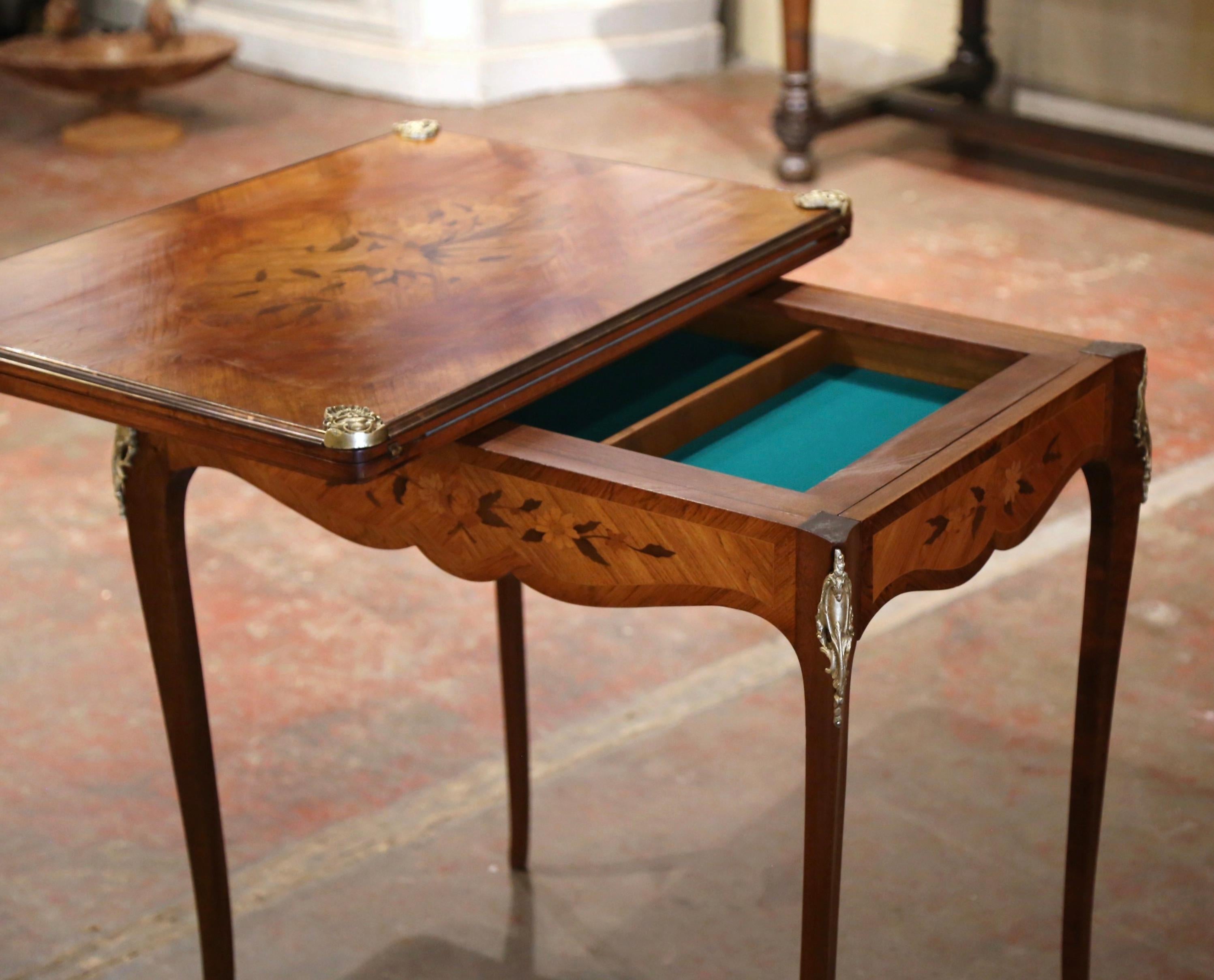 19th Century French Louis XV Inlaid Walnut & Bronze Folding Game Table with Felt For Sale 3