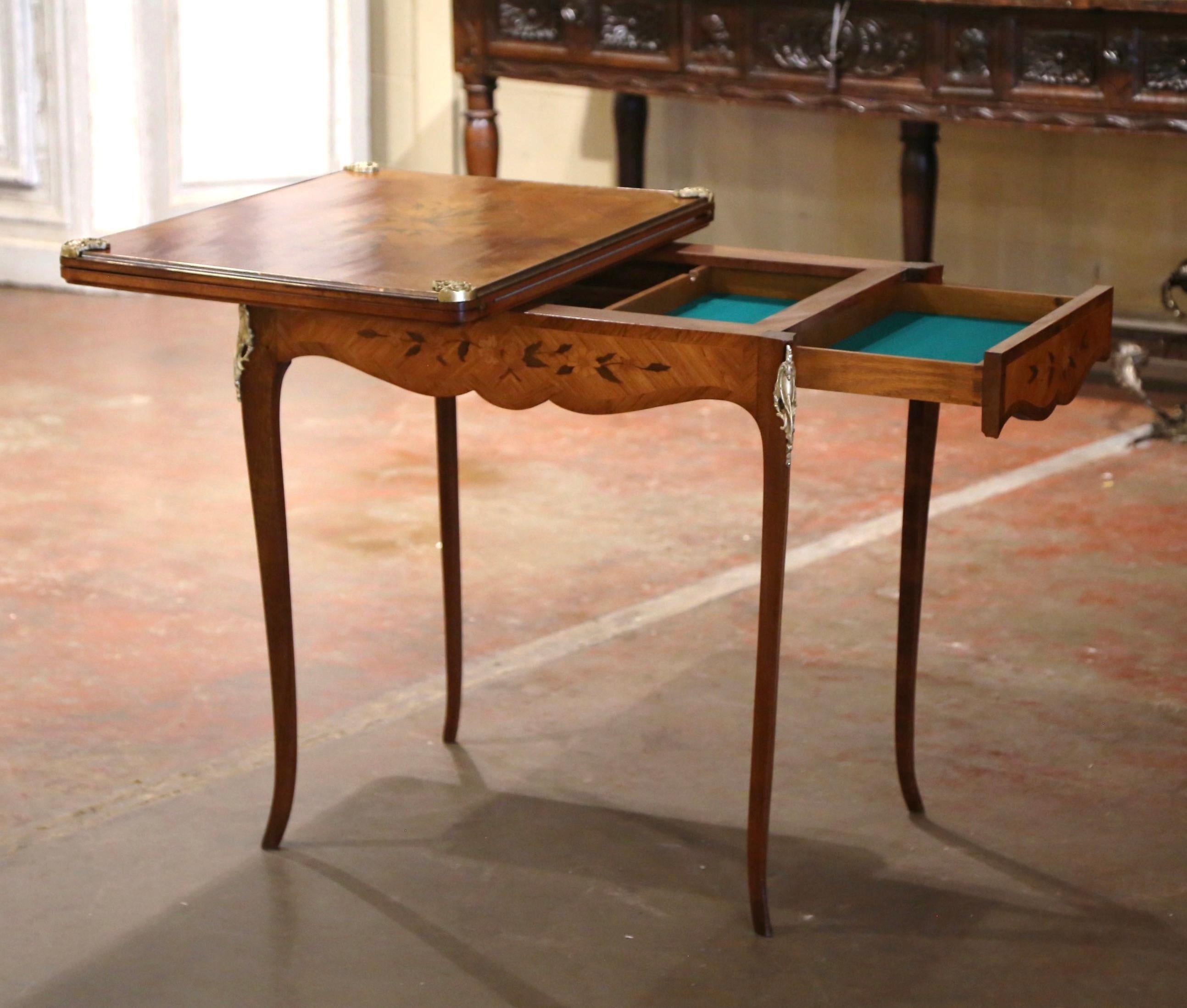 19th Century French Louis XV Inlaid Walnut & Bronze Folding Game Table with Felt For Sale 4