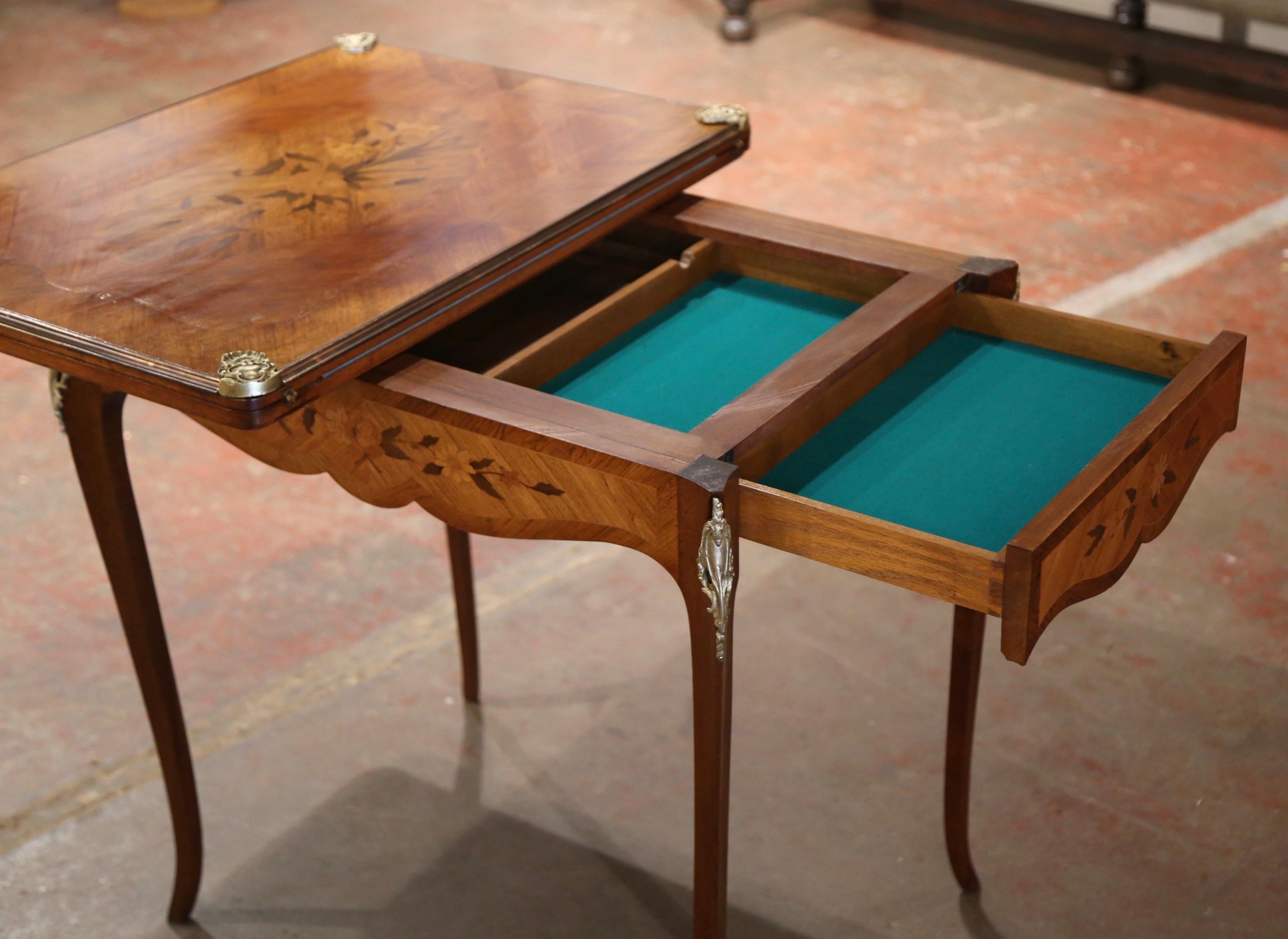 19th Century French Louis XV Inlaid Walnut & Bronze Folding Game Table with Felt For Sale 5