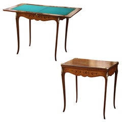 Table à jeux pliante en bronze et noyer incrusté Louis XV du 19ème siècle avec feutre