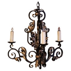 19th Century, French Louis XV Iron Black and Gilt Painted Three-Light Chandelier