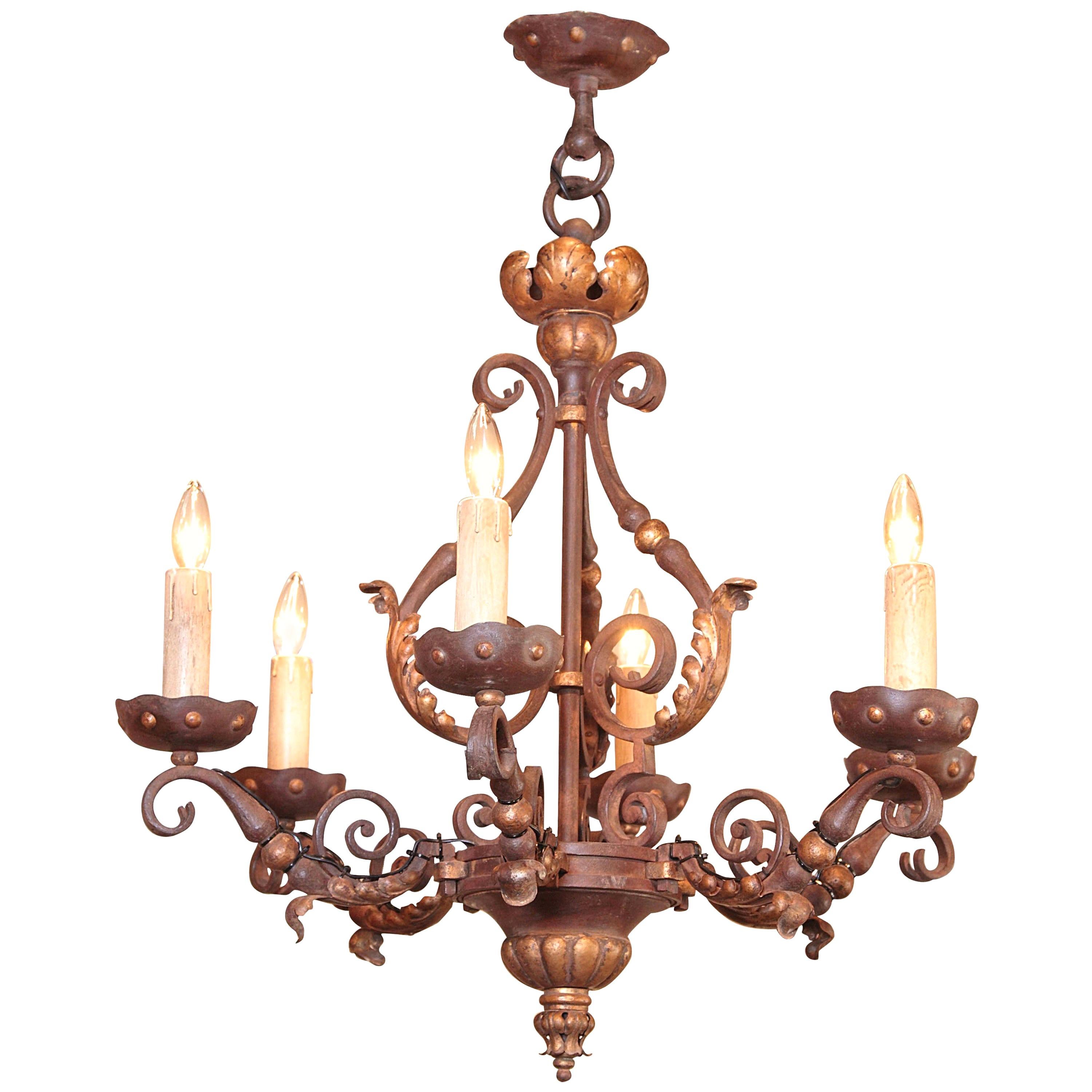 19th Century, French Louis XV Iron Verdigris and Gilt SixLight