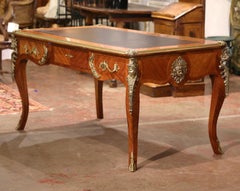 19th Century French Louis XV Leather Top Walnut Partner Desk with Bronze Mounts