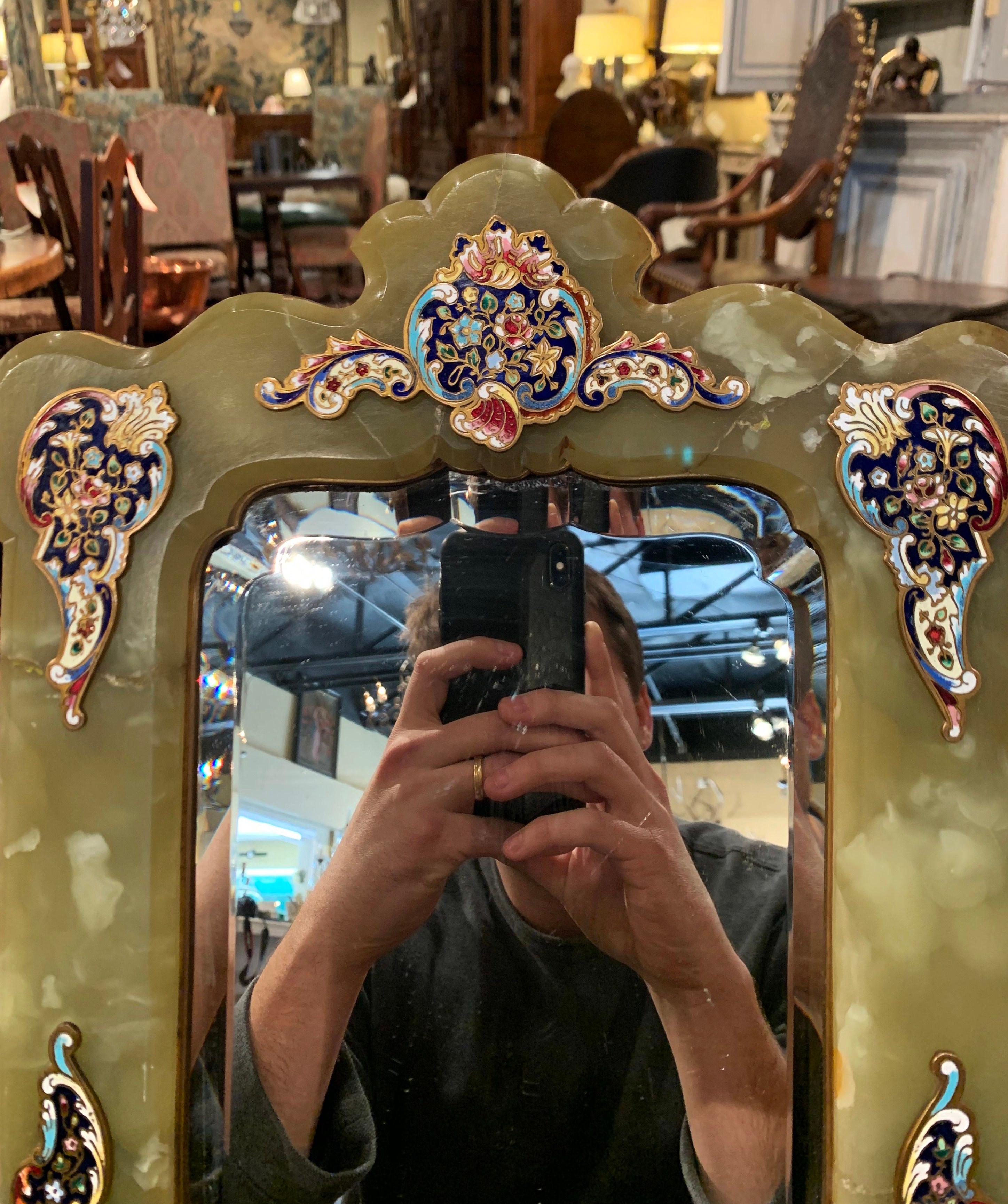 Beveled 19th Century French Louis XV Marble and Champlevé Vanity Table Mirror For Sale