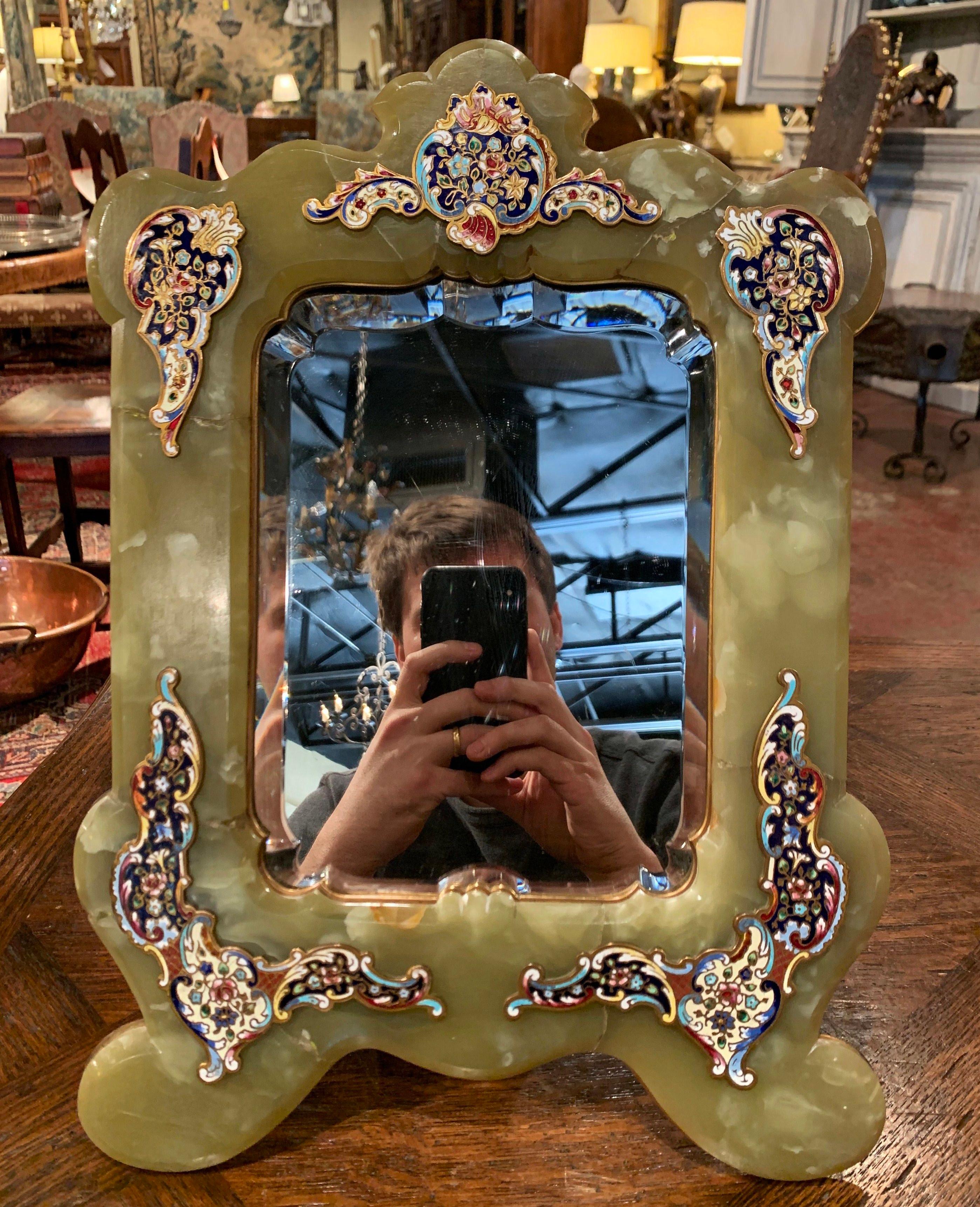 miroir de table de toilette Louis XV du 19ème siècle en marbre et champlevé Excellent état - En vente à Dallas, TX