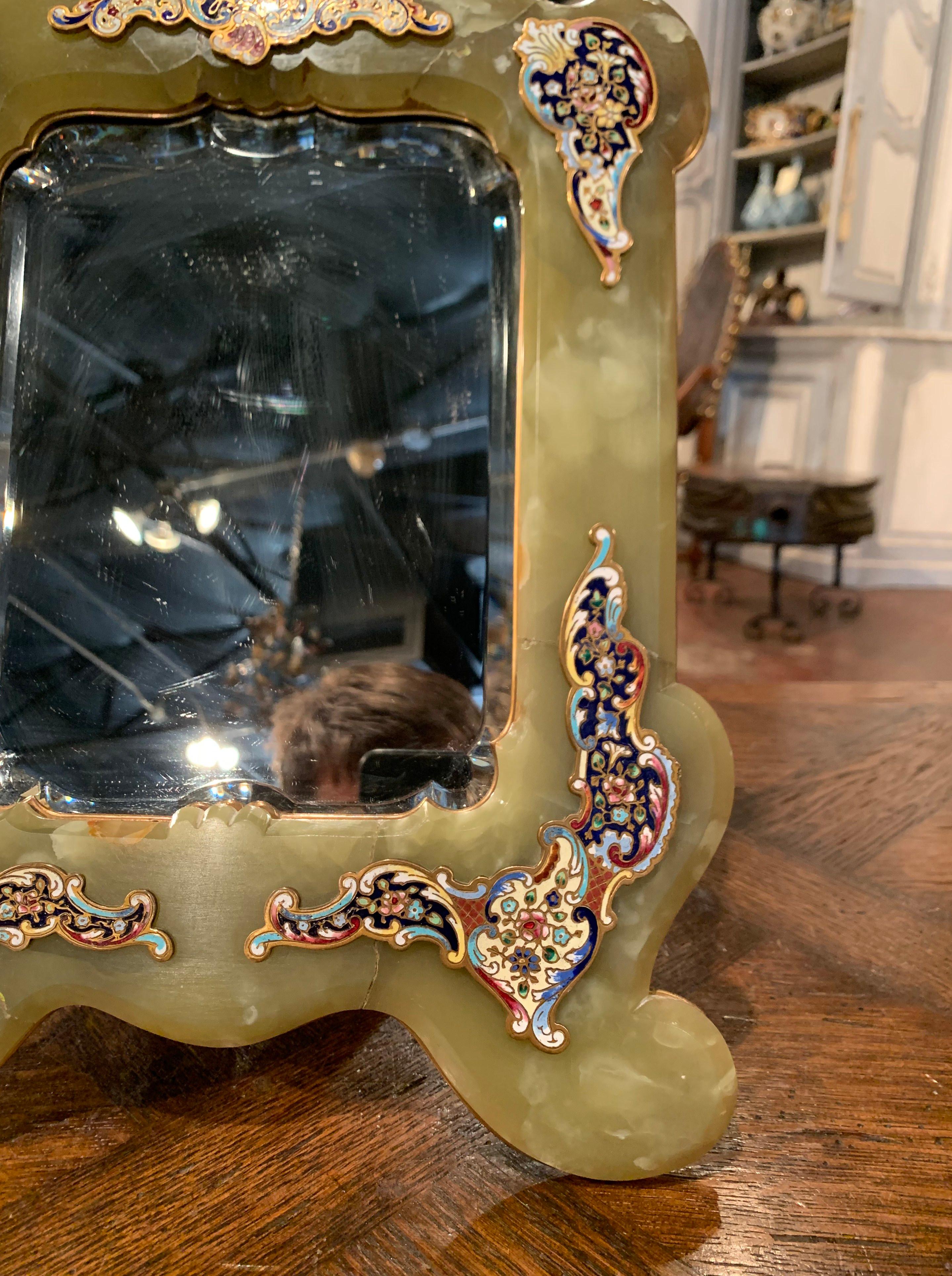 miroir de table de toilette Louis XV du 19ème siècle en marbre et champlevé en vente 2