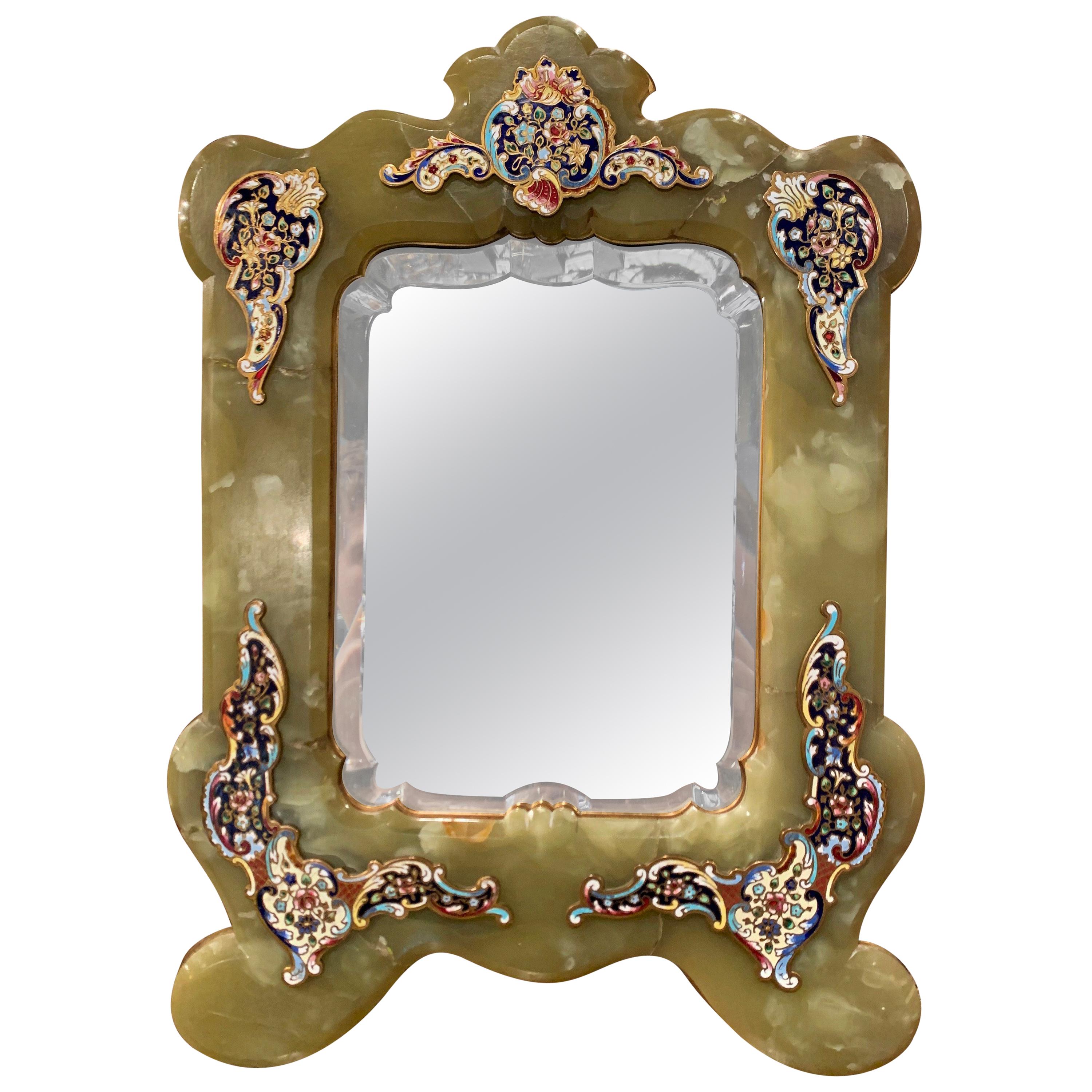 19th Century French Louis XV Marble and Champlevé Vanity Table Mirror For Sale
