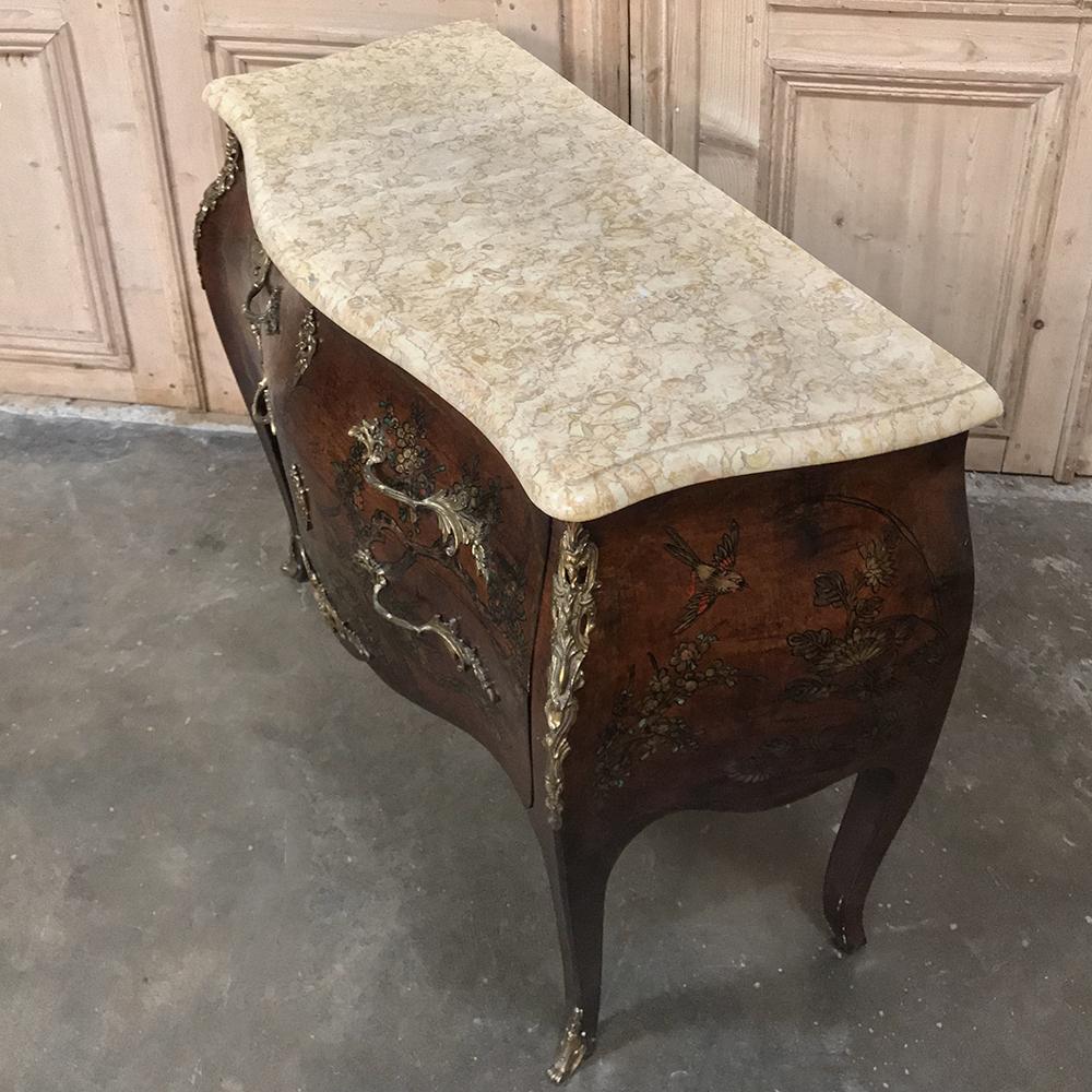 Hand-Crafted 19th Century French Louis XV Marble-Top Bombe Commode